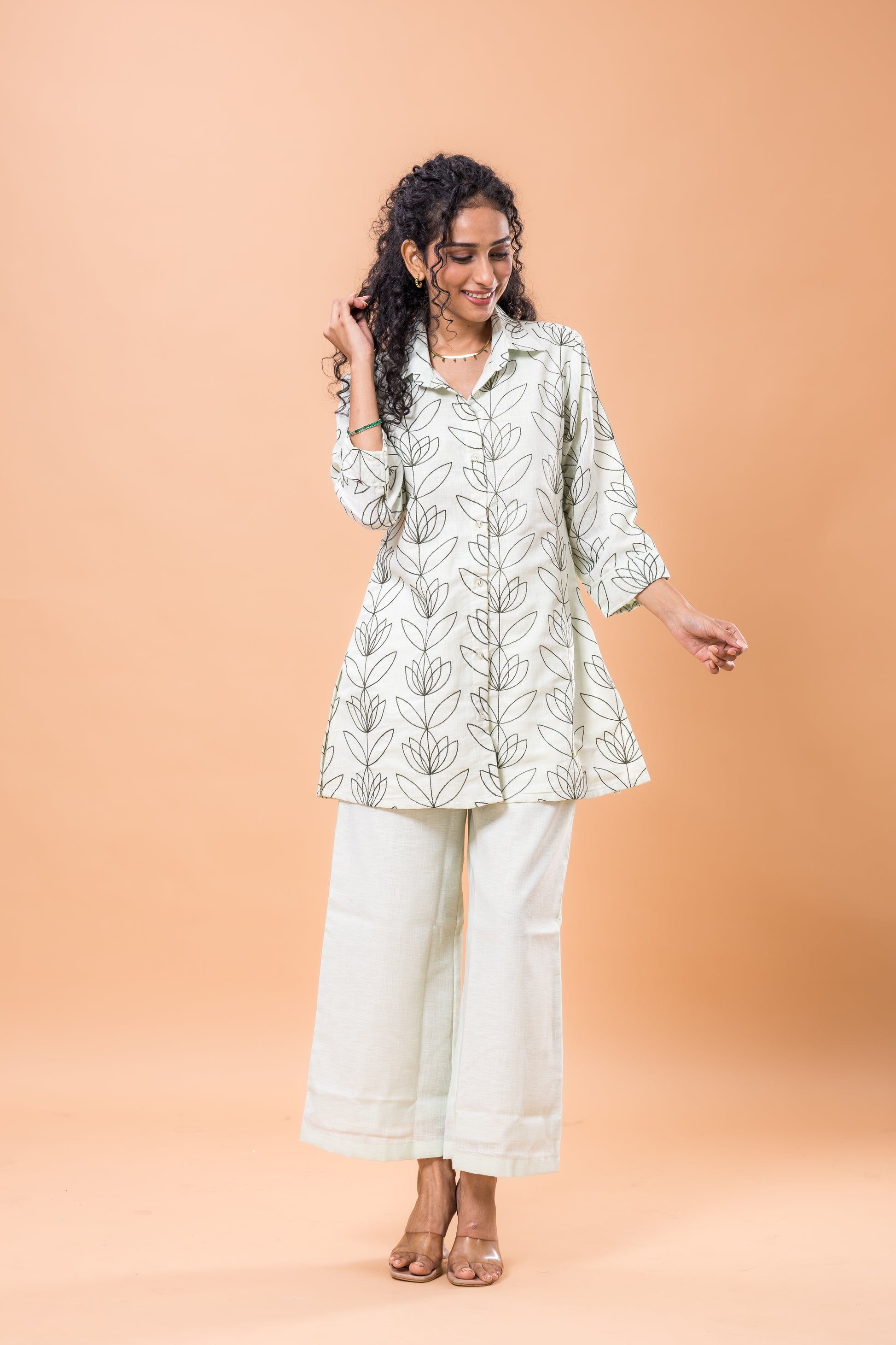 Linen Pistachio Green Embroidered Co-ord Set
