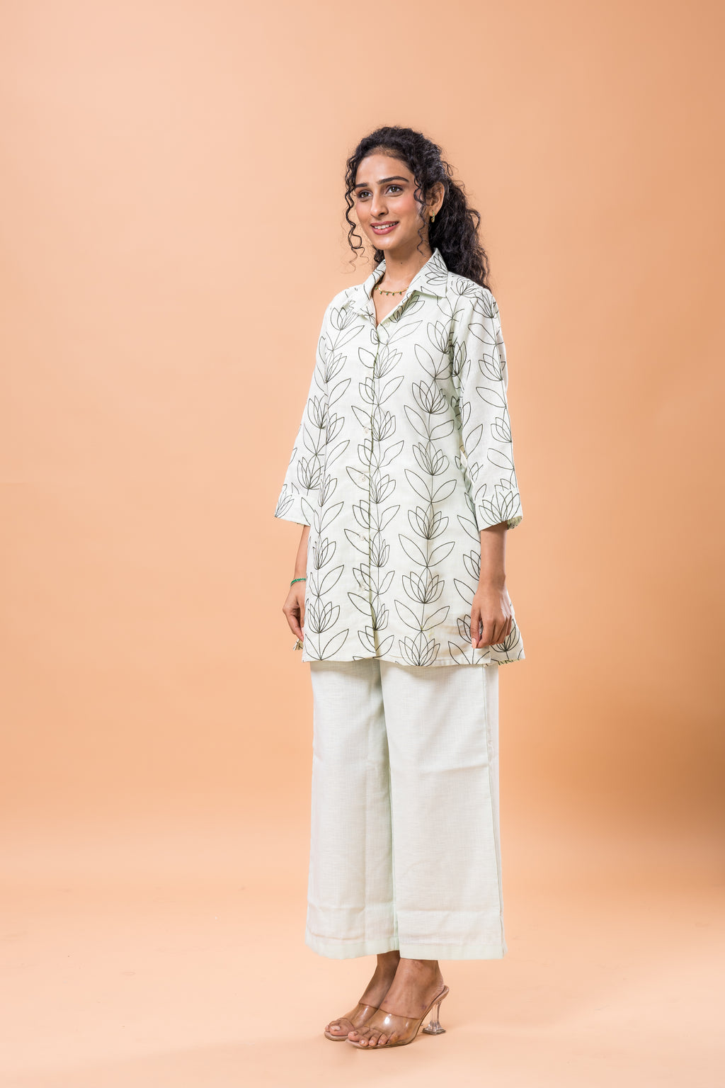 Linen Pistachio Green Embroidered Co-ord Set