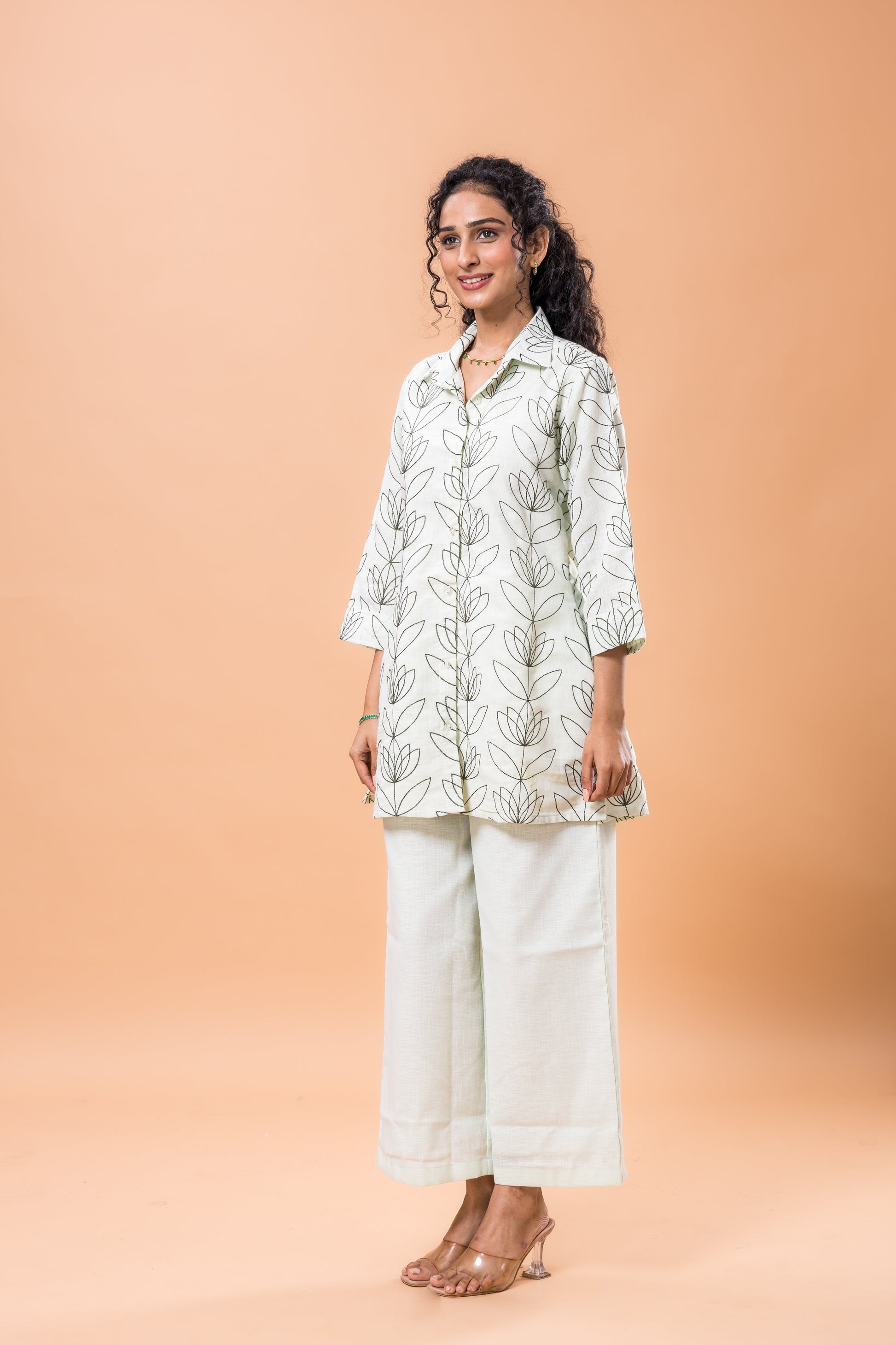 Linen Pistachio Green Embroidered Co-ord Set