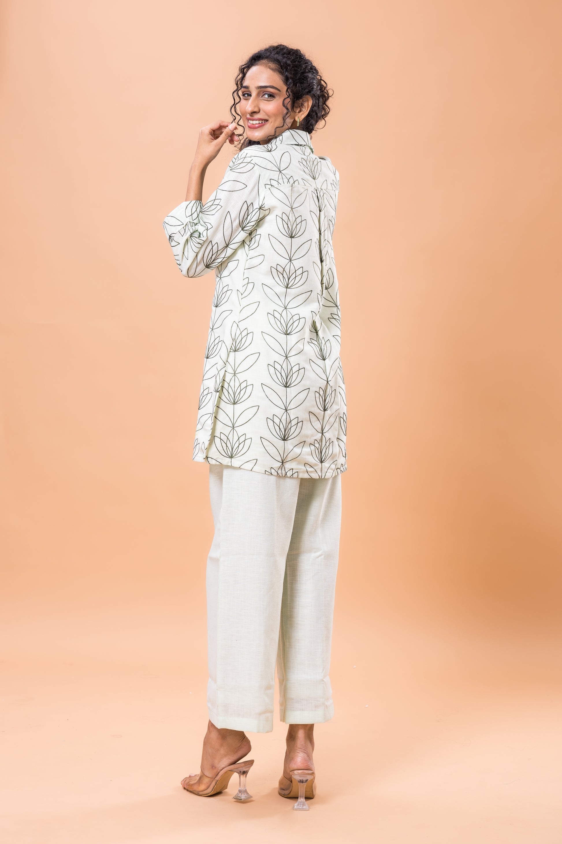 Linen Pistachio Green Embroidered Co-ord Set