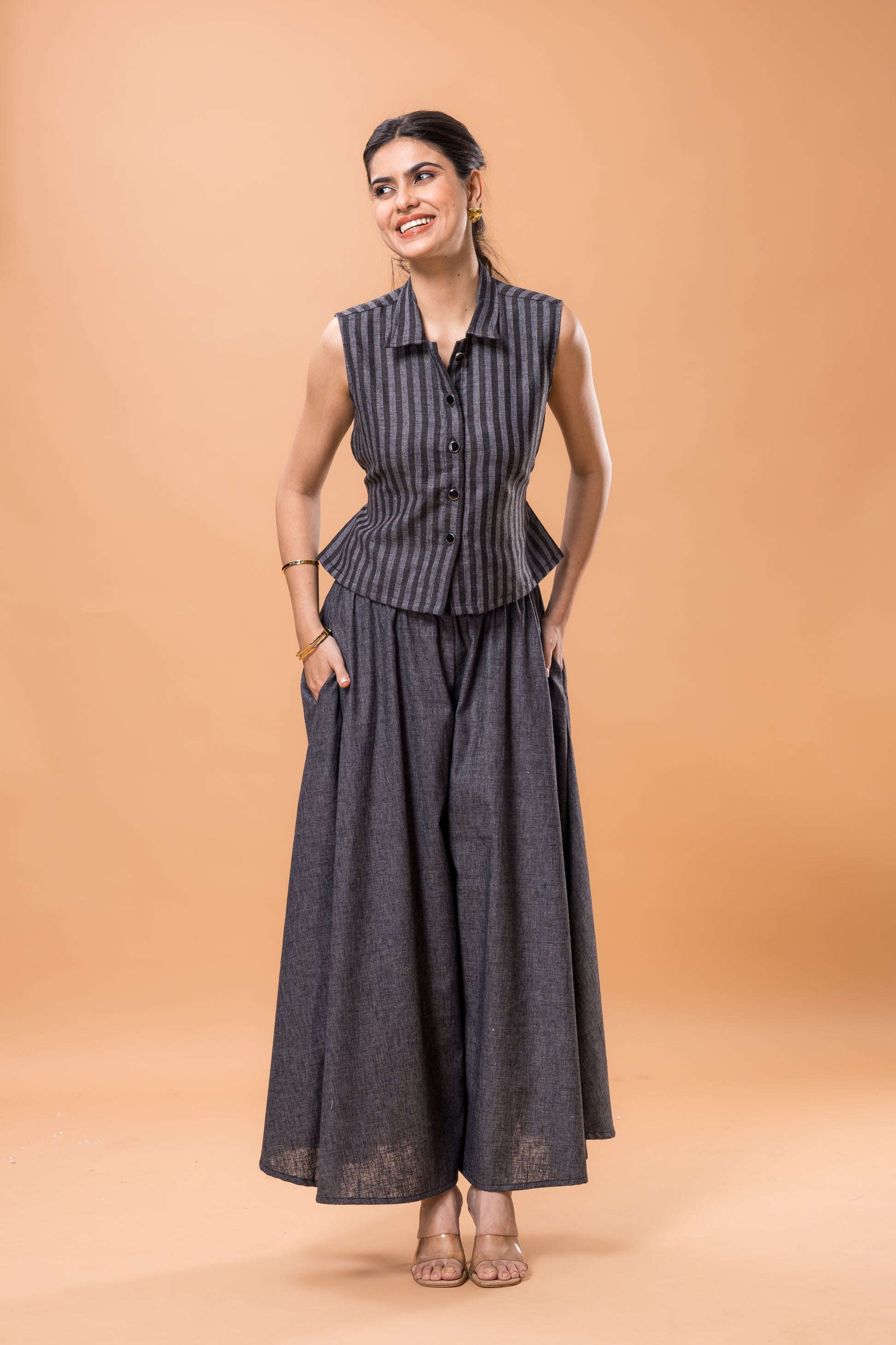Cotton Black Striped Co-ord Set with Flared Pants