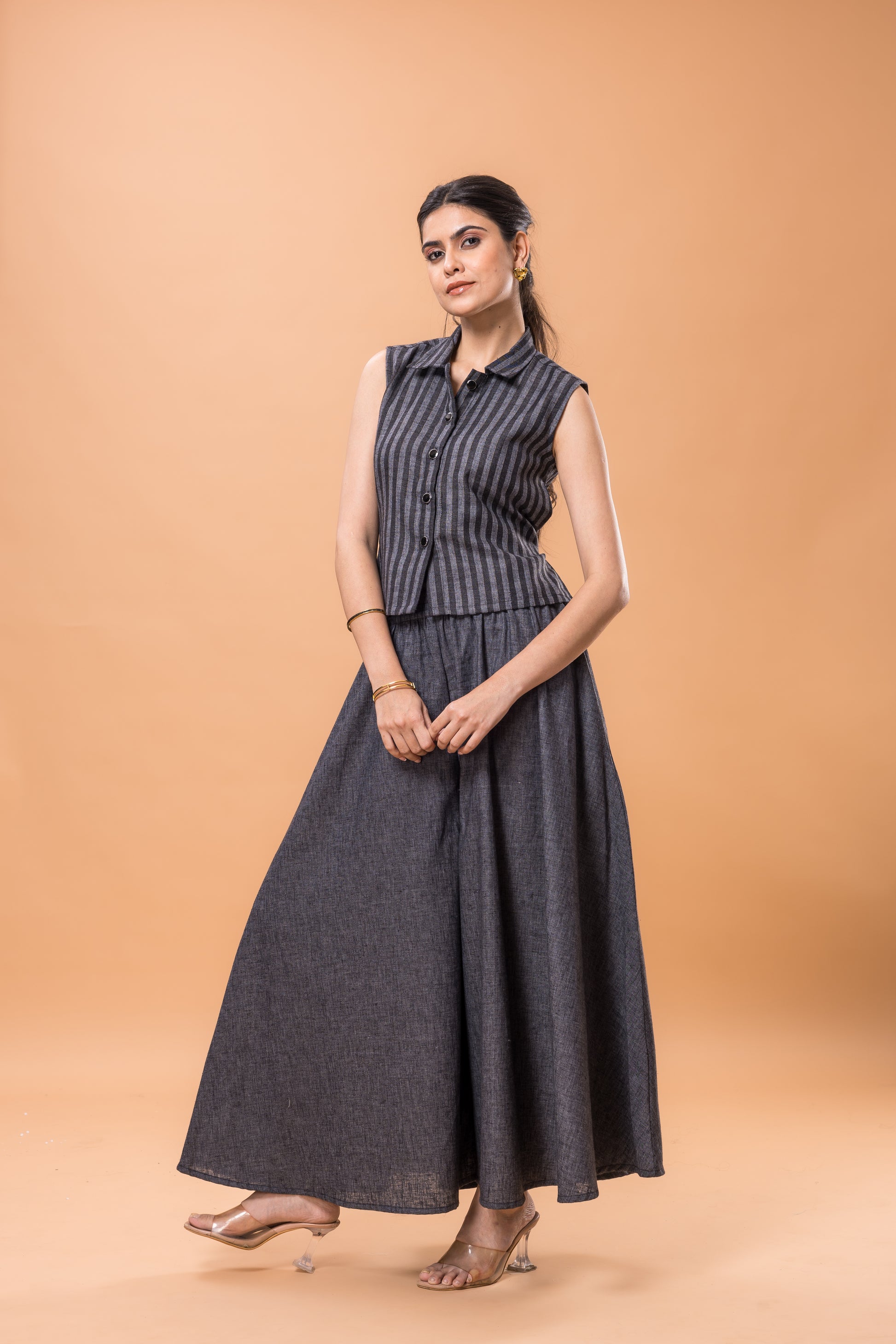 Cotton Black Striped Co-ord Set with Flared Pants