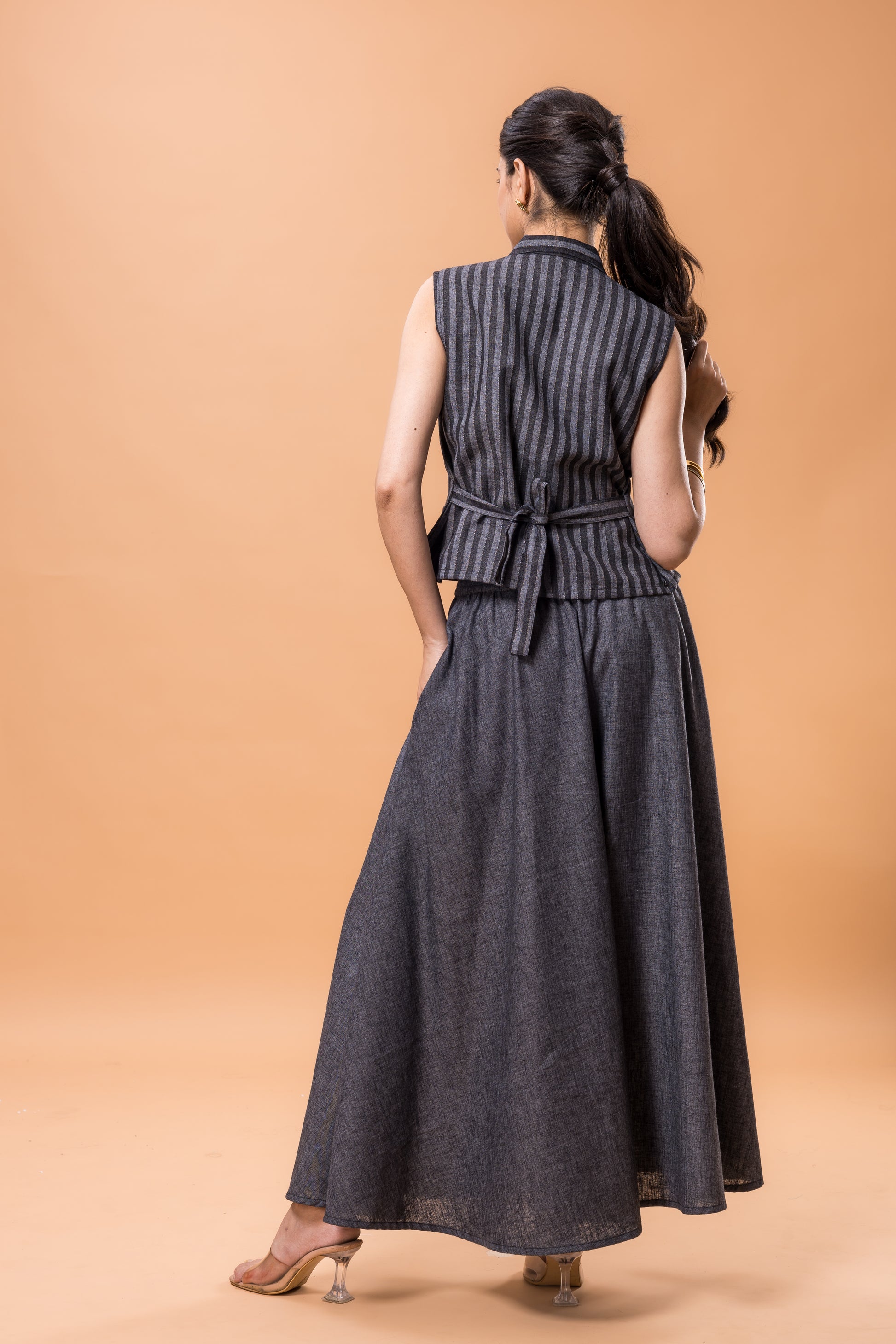 Cotton Black Striped Co-ord Set with Flared Pants