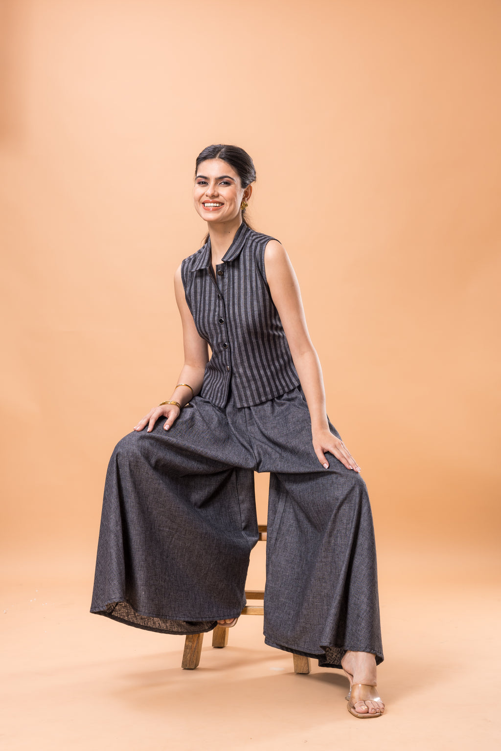 Cotton Black Striped Co-ord Set with Flared Pants