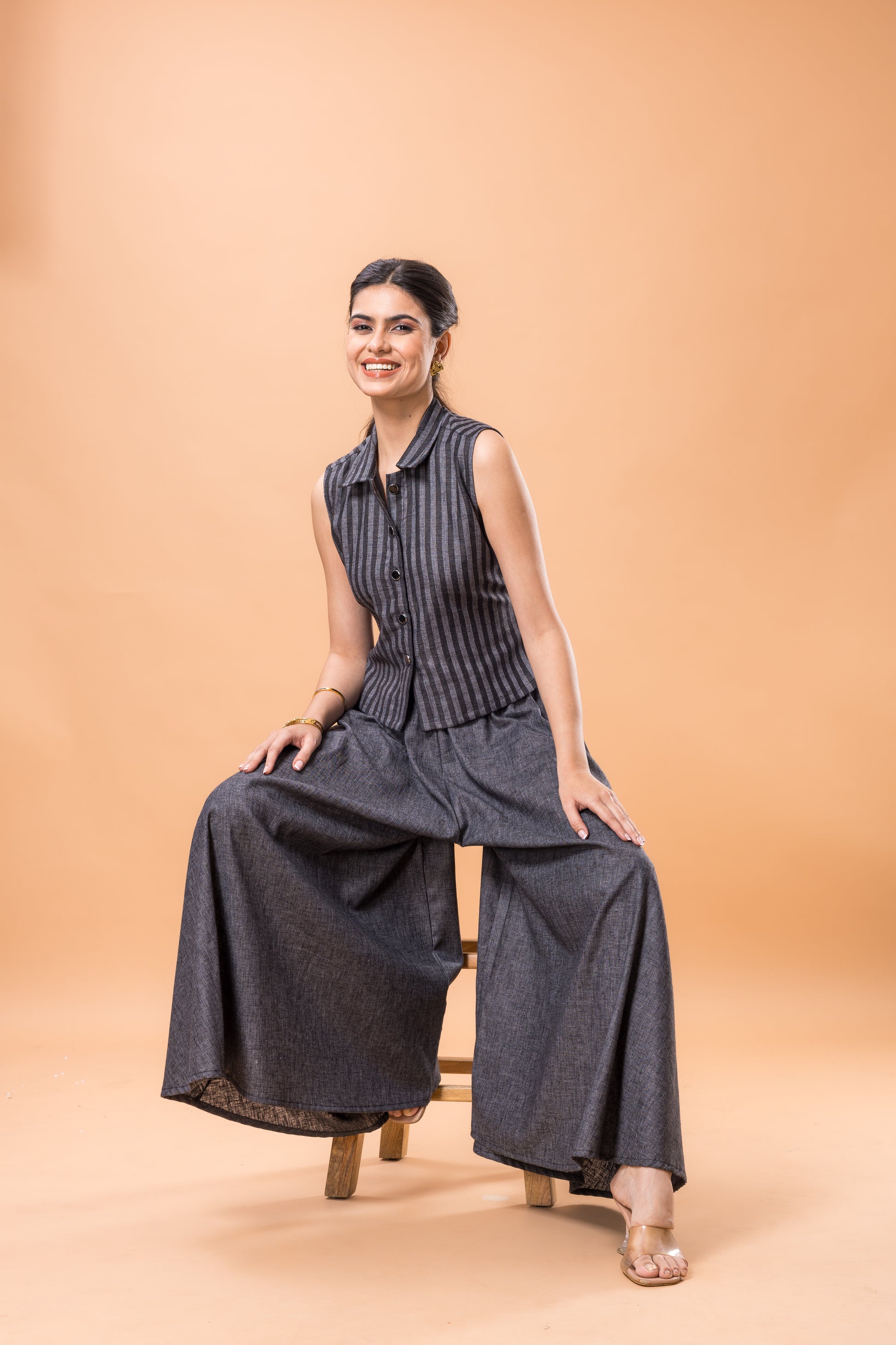 Cotton Black Striped Co-ord Set with Flared Pants