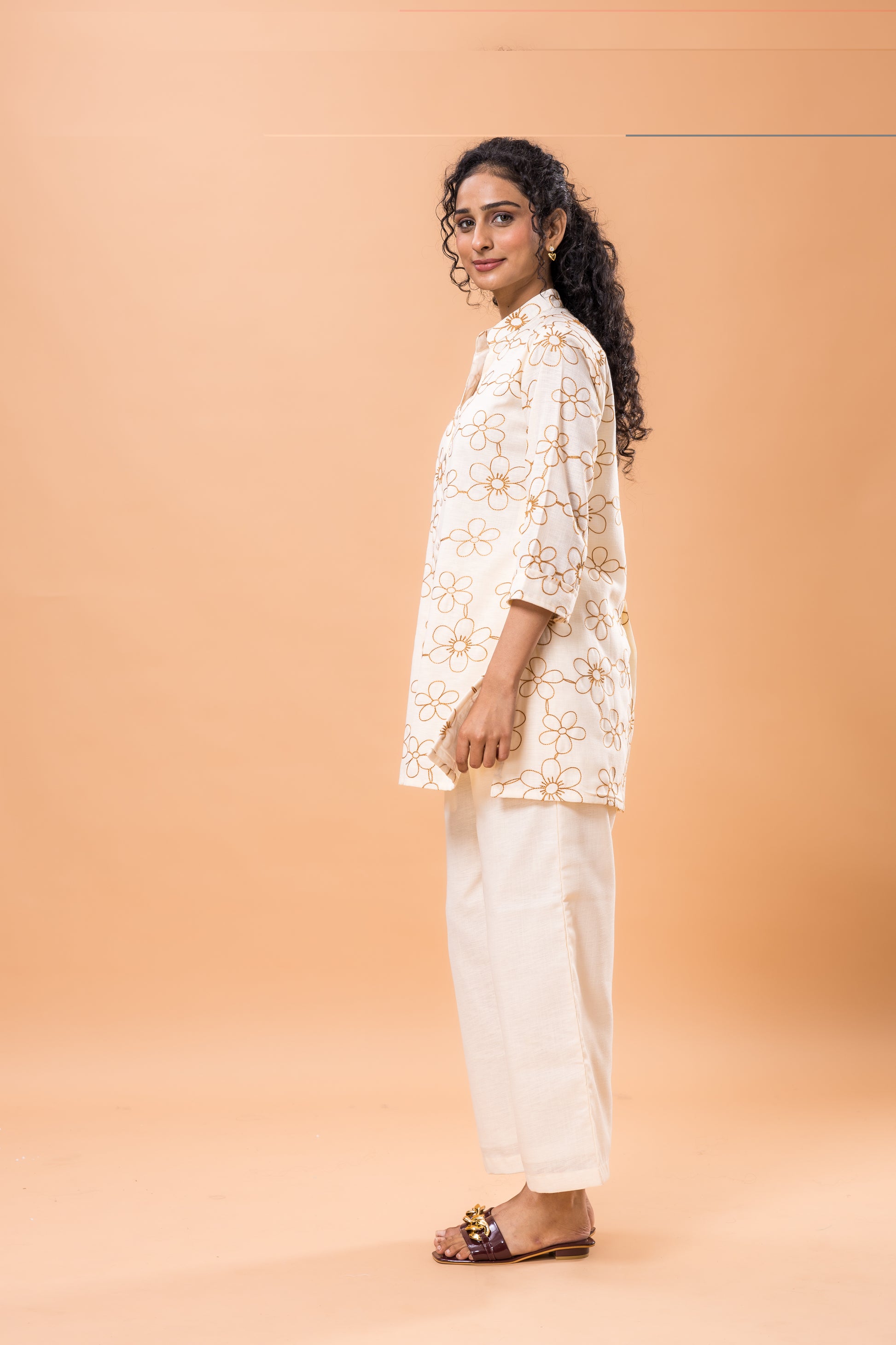 Linen Salmon Pink Embroidered Co-ord Set