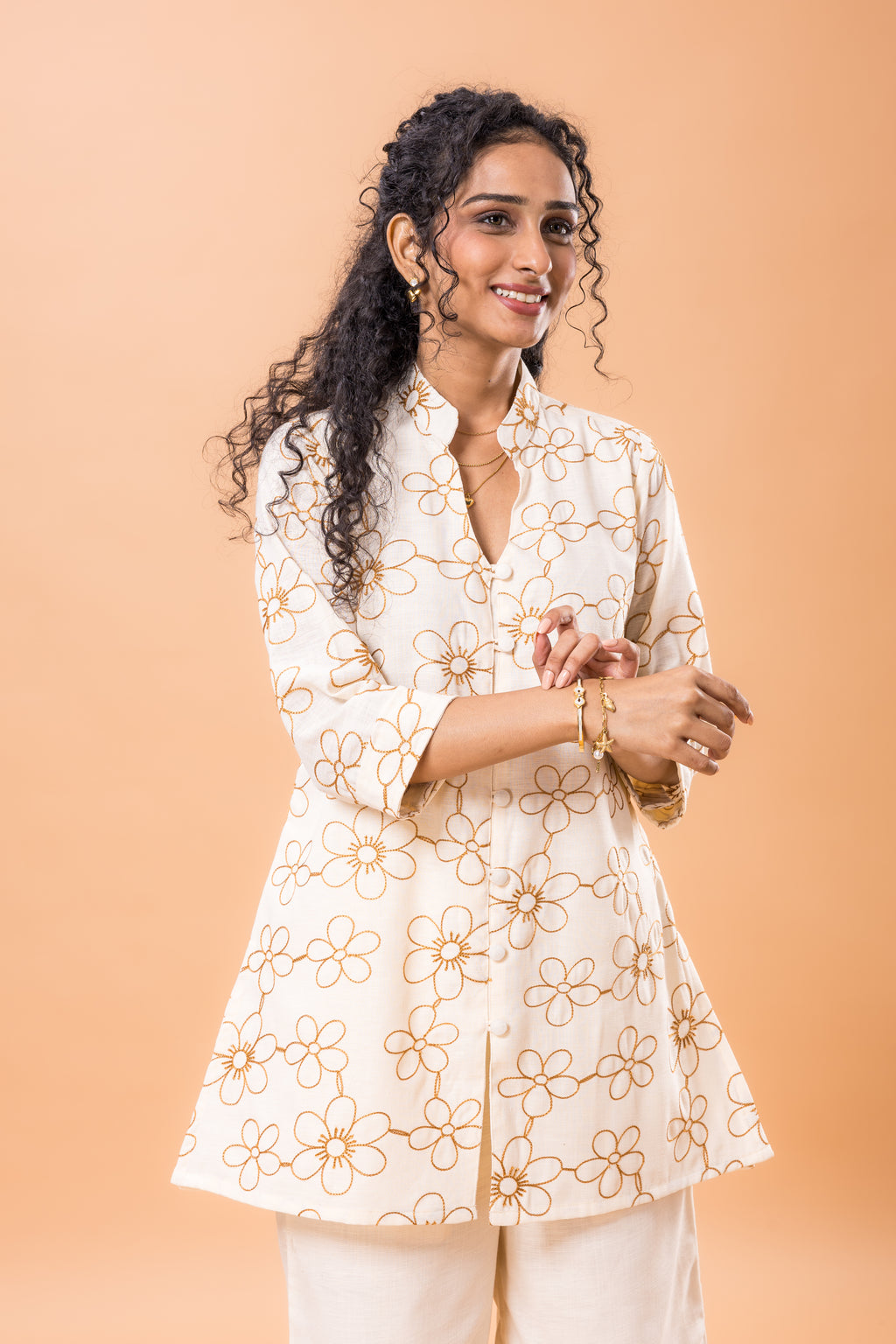 Linen Salmon Pink Embroidered Co-ord Set