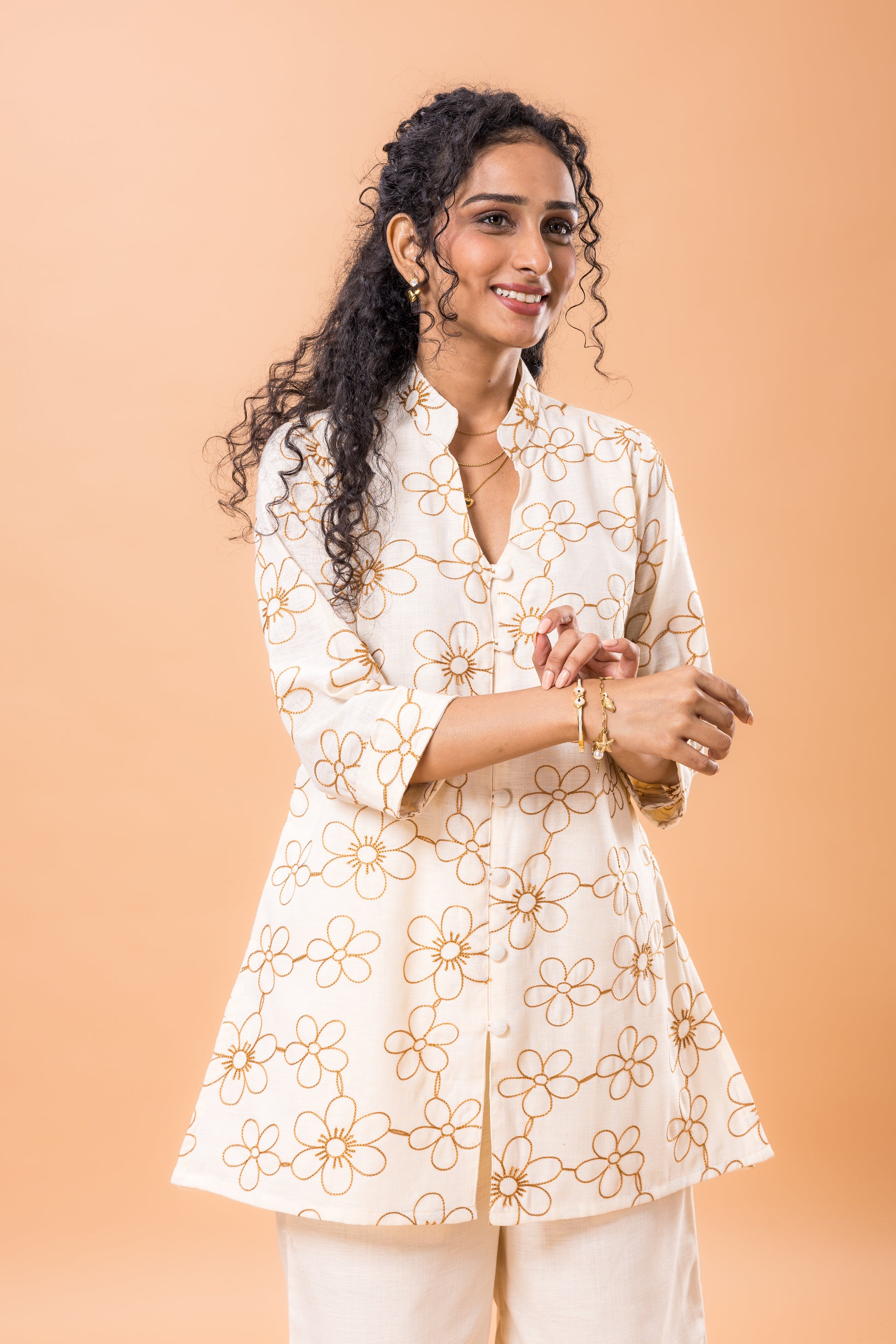Linen Salmon Pink Embroidered Co-ord Set