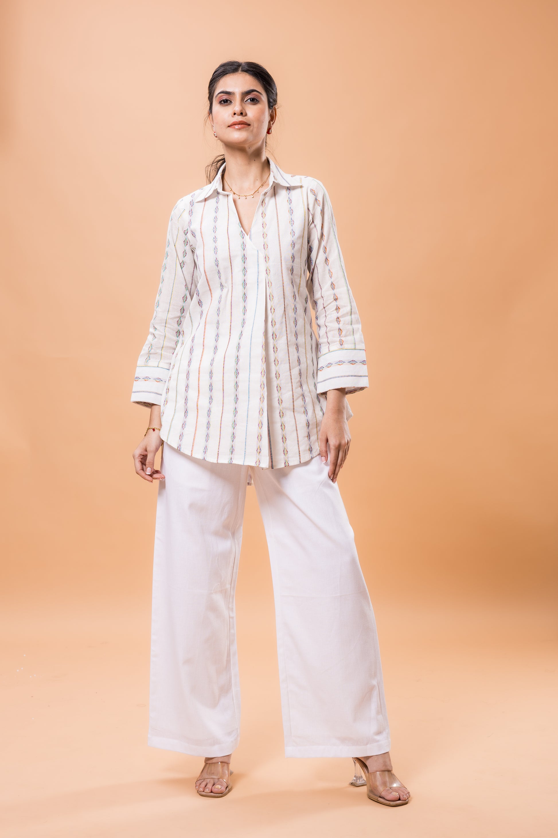 Pure Cotton White Multicolor design co-ord set