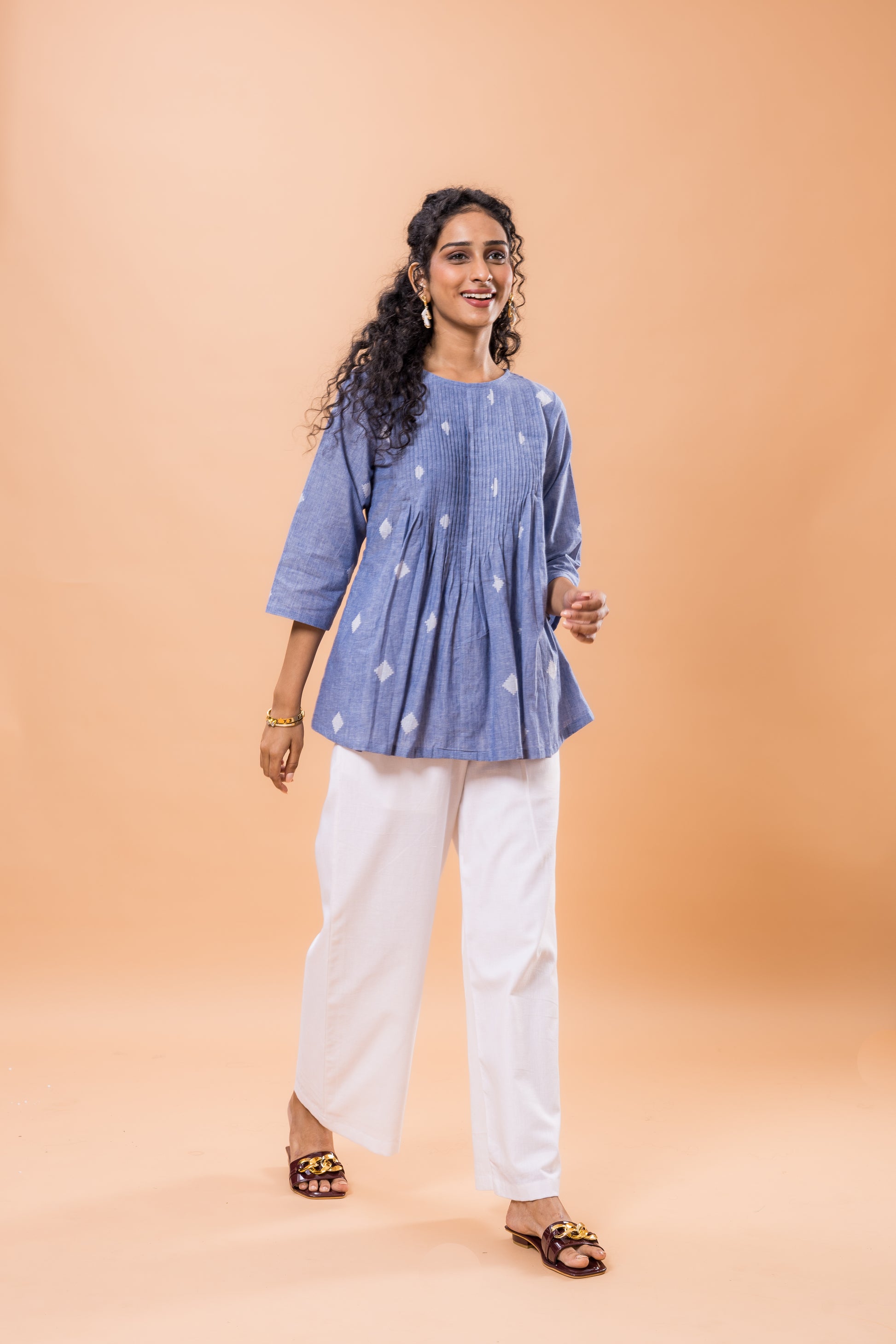 Pure Cotton Wild Blue Pleated Co-ord Set