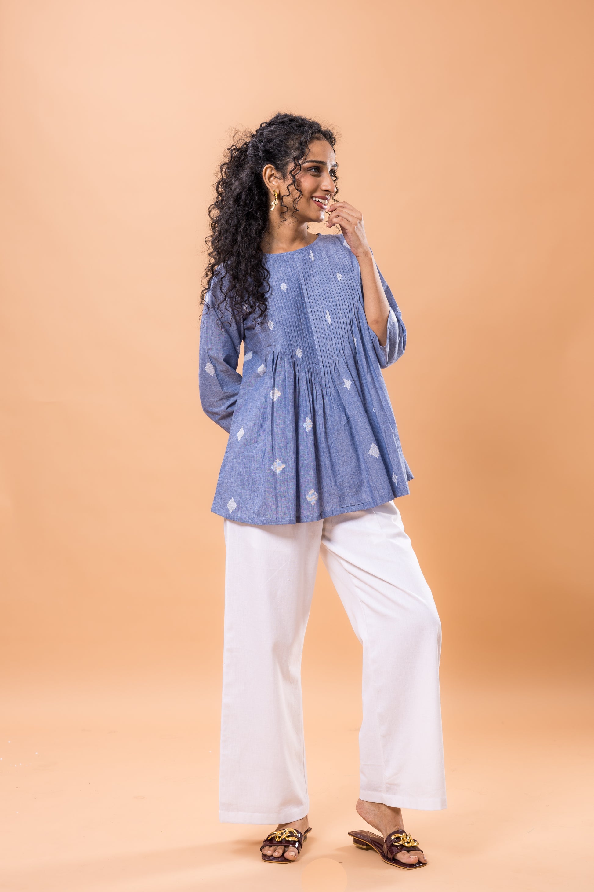 Pure Cotton Wild Blue Pleated Co-ord Set