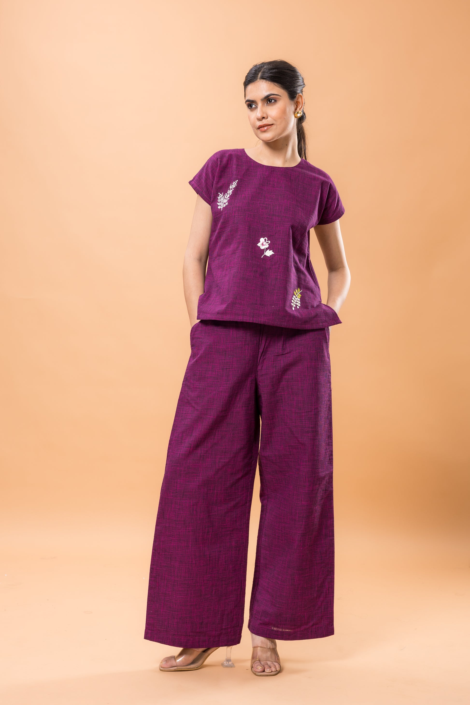 Pure Cotton Purple Embroidered Co-ord Set