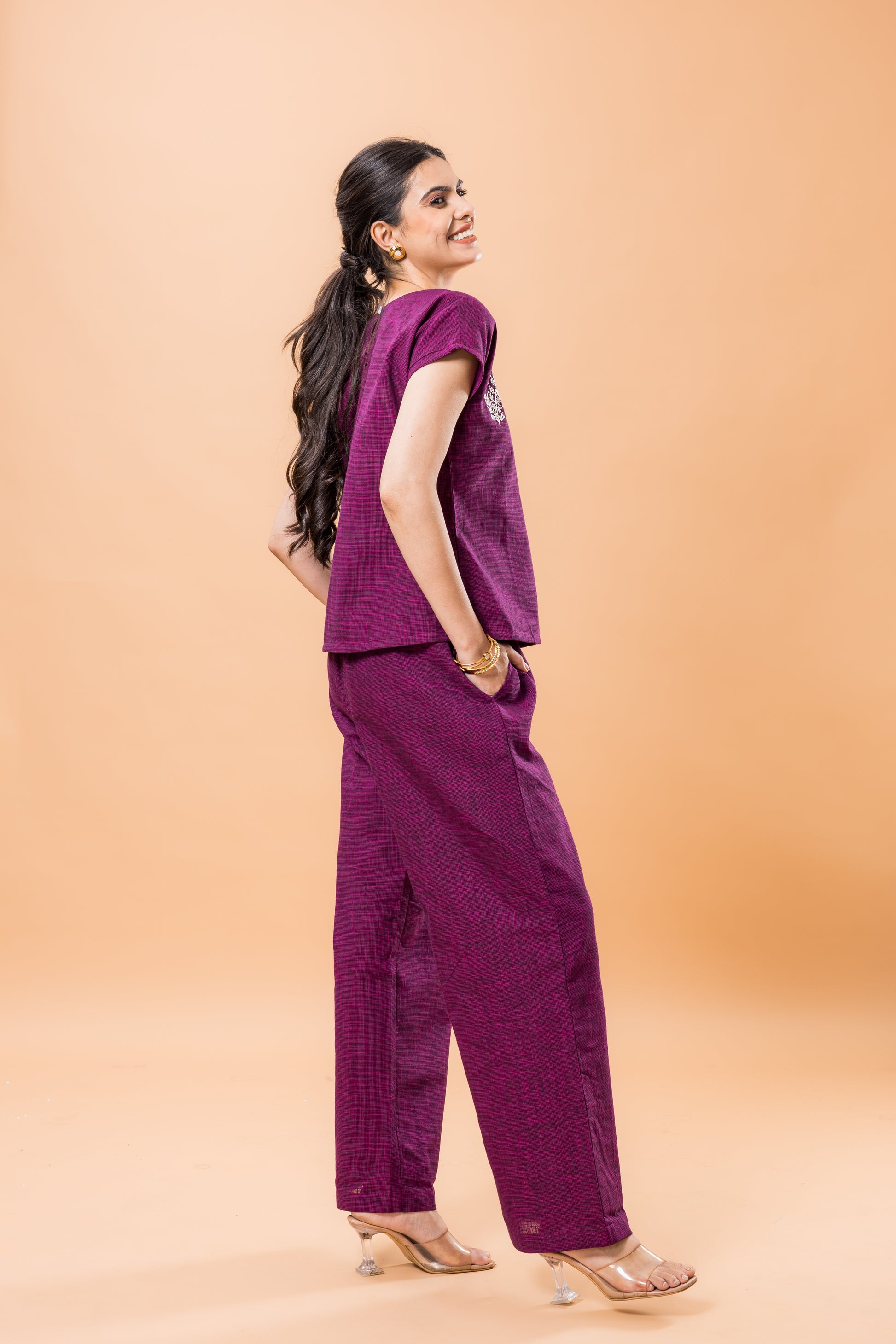Pure Cotton Purple Embroidered Co-ord Set
