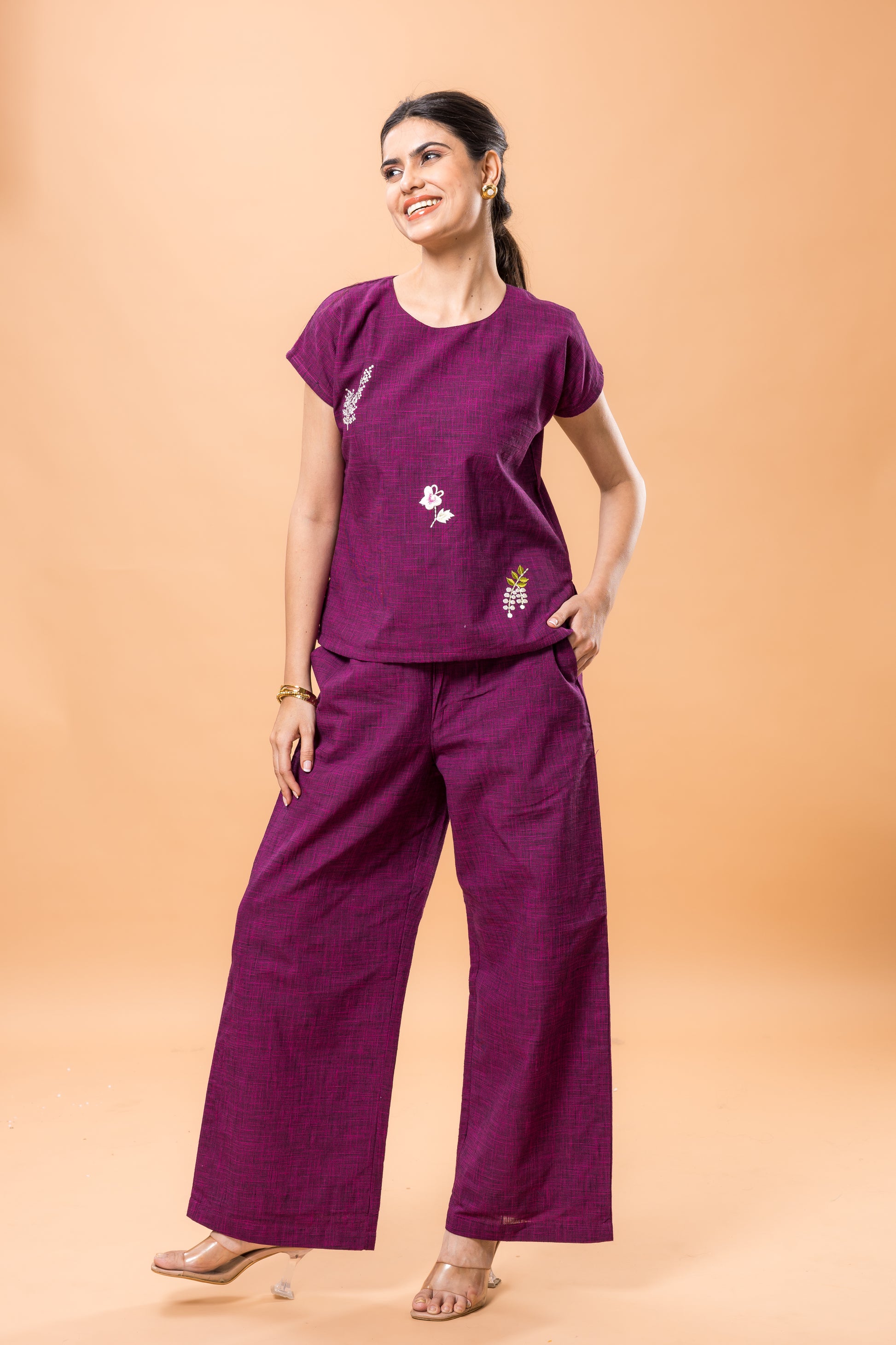 Pure Cotton Purple Embroidered Co-ord Set