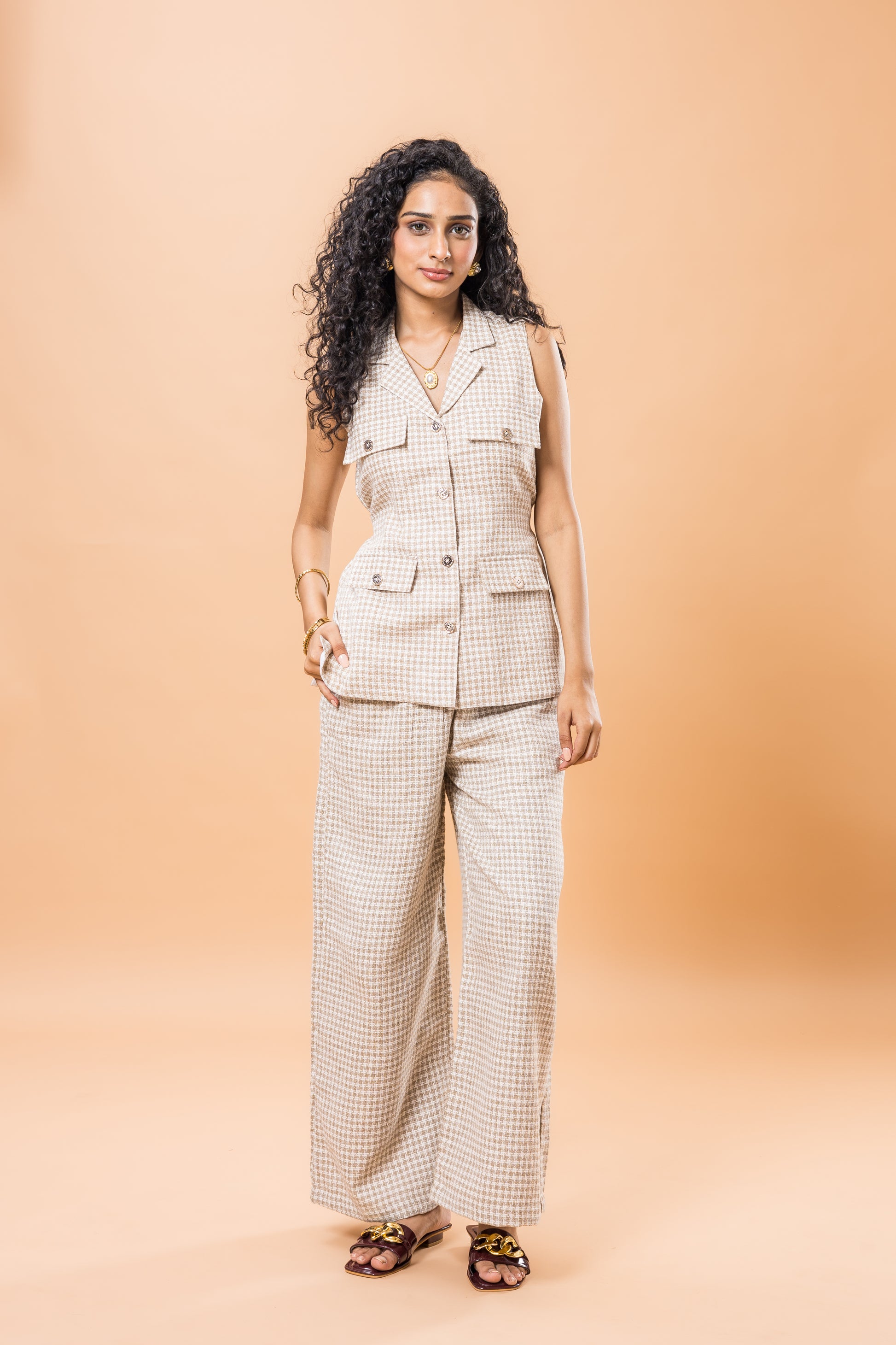 Linen Beige Checkered Co-ord Set