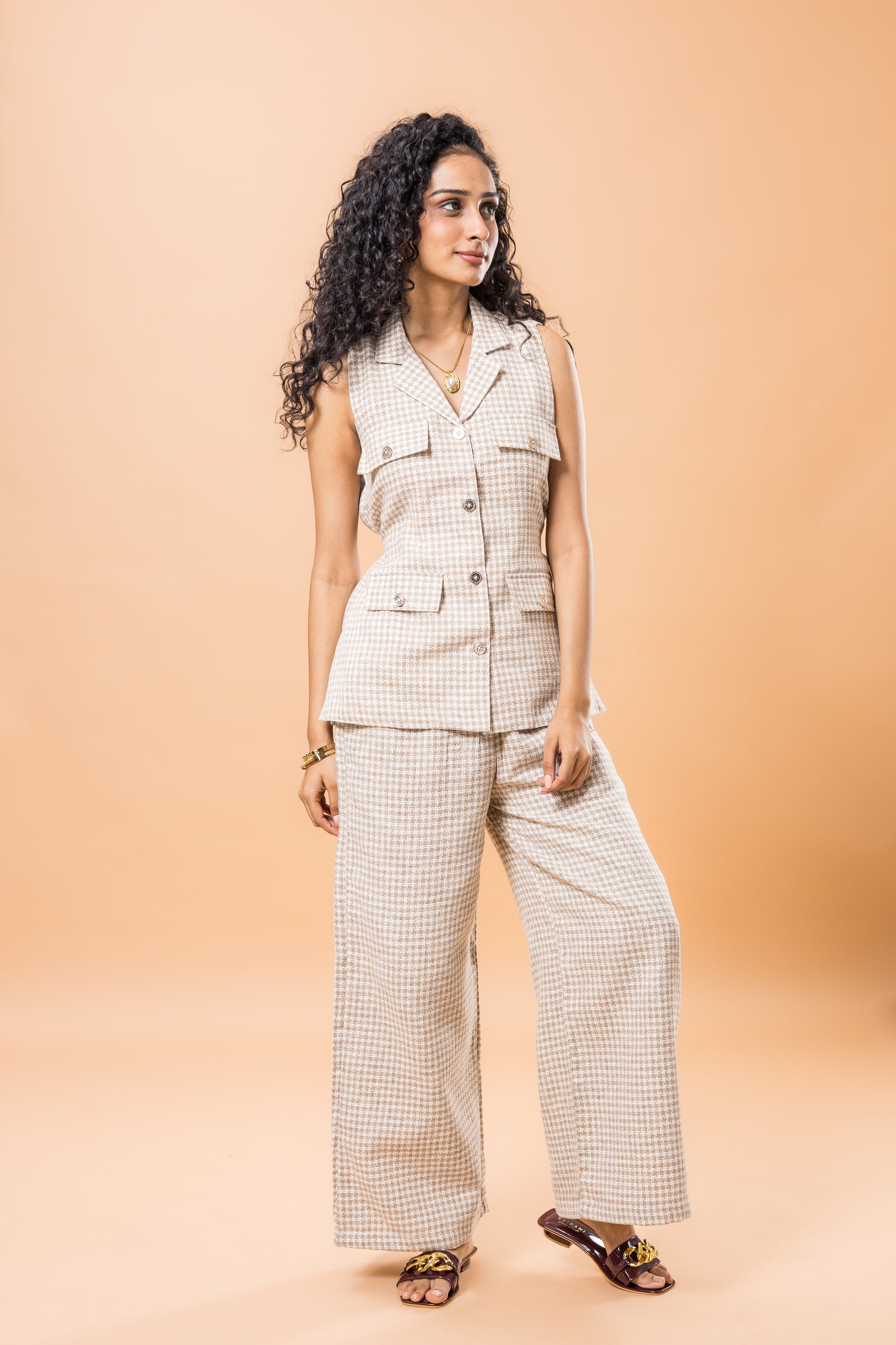 Linen Beige Checkered Co-ord Set