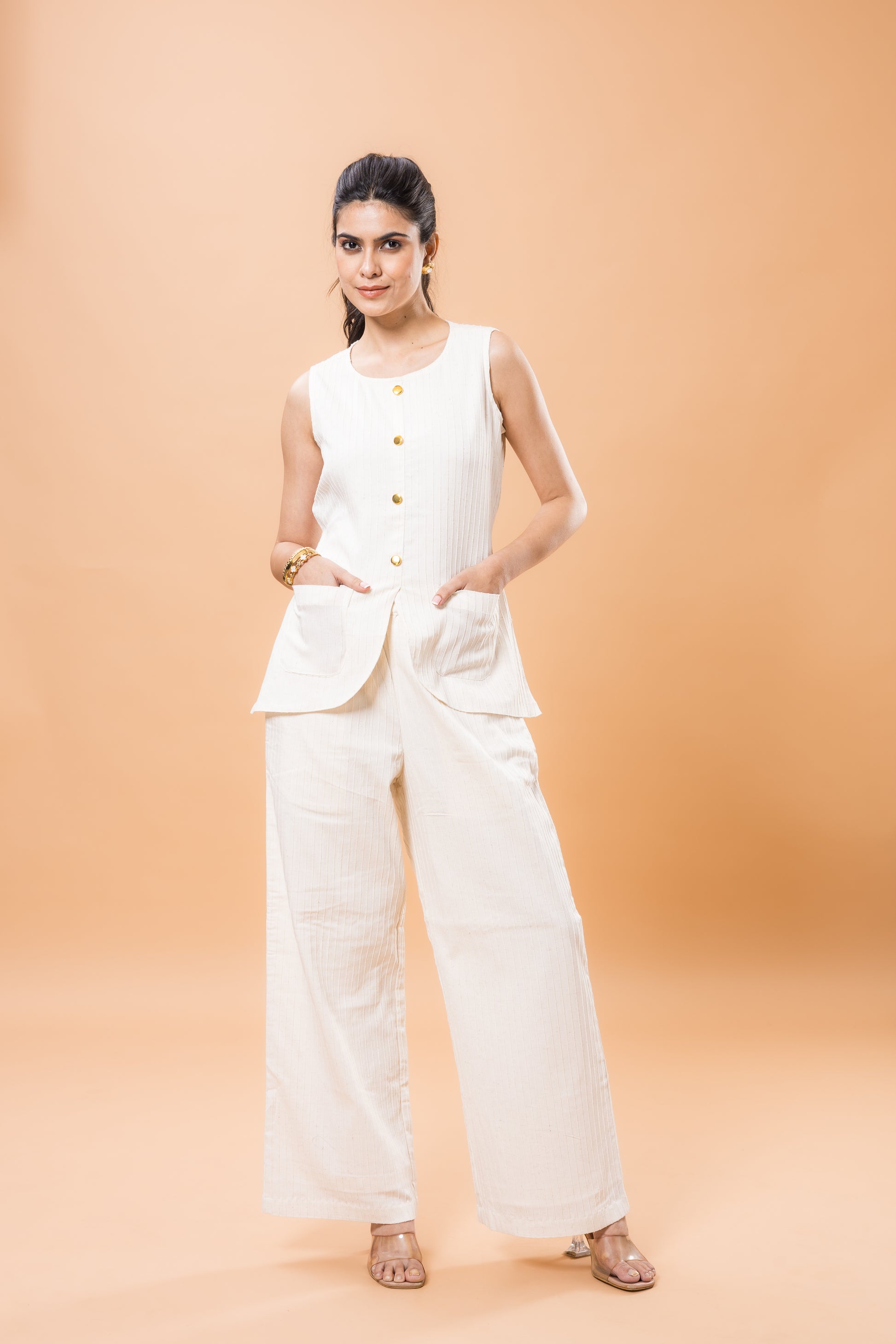 Linen White Sleeveless Textured Co-ord Set