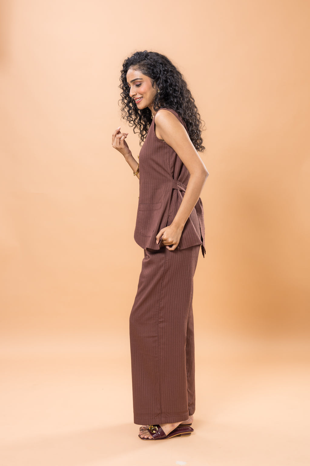 Linen Brown Sleeveless Textured Co-ord Set