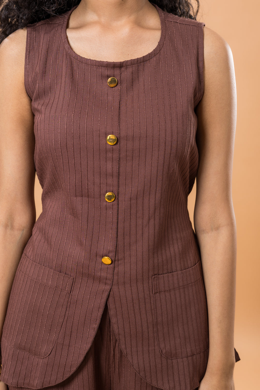 Linen Brown Sleeveless Textured Co-ord Set