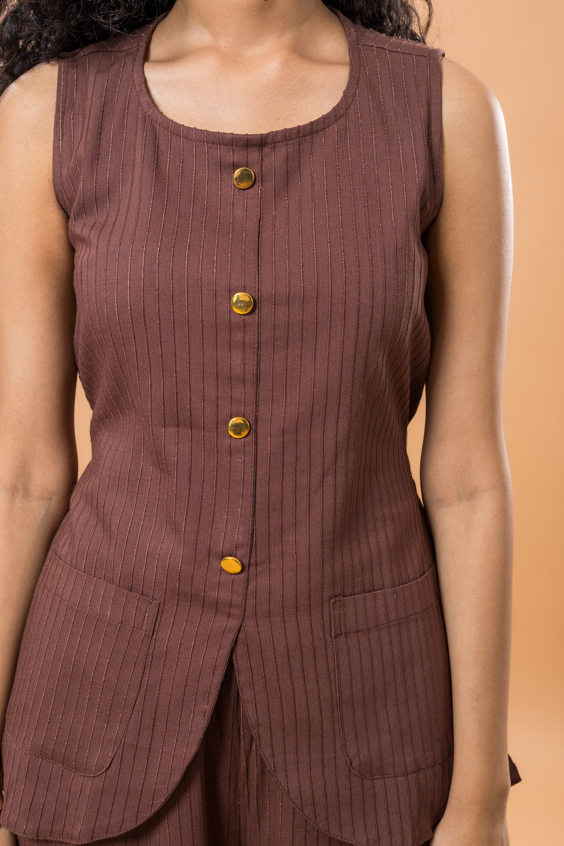Linen Brown Sleeveless Textured Co-ord Set
