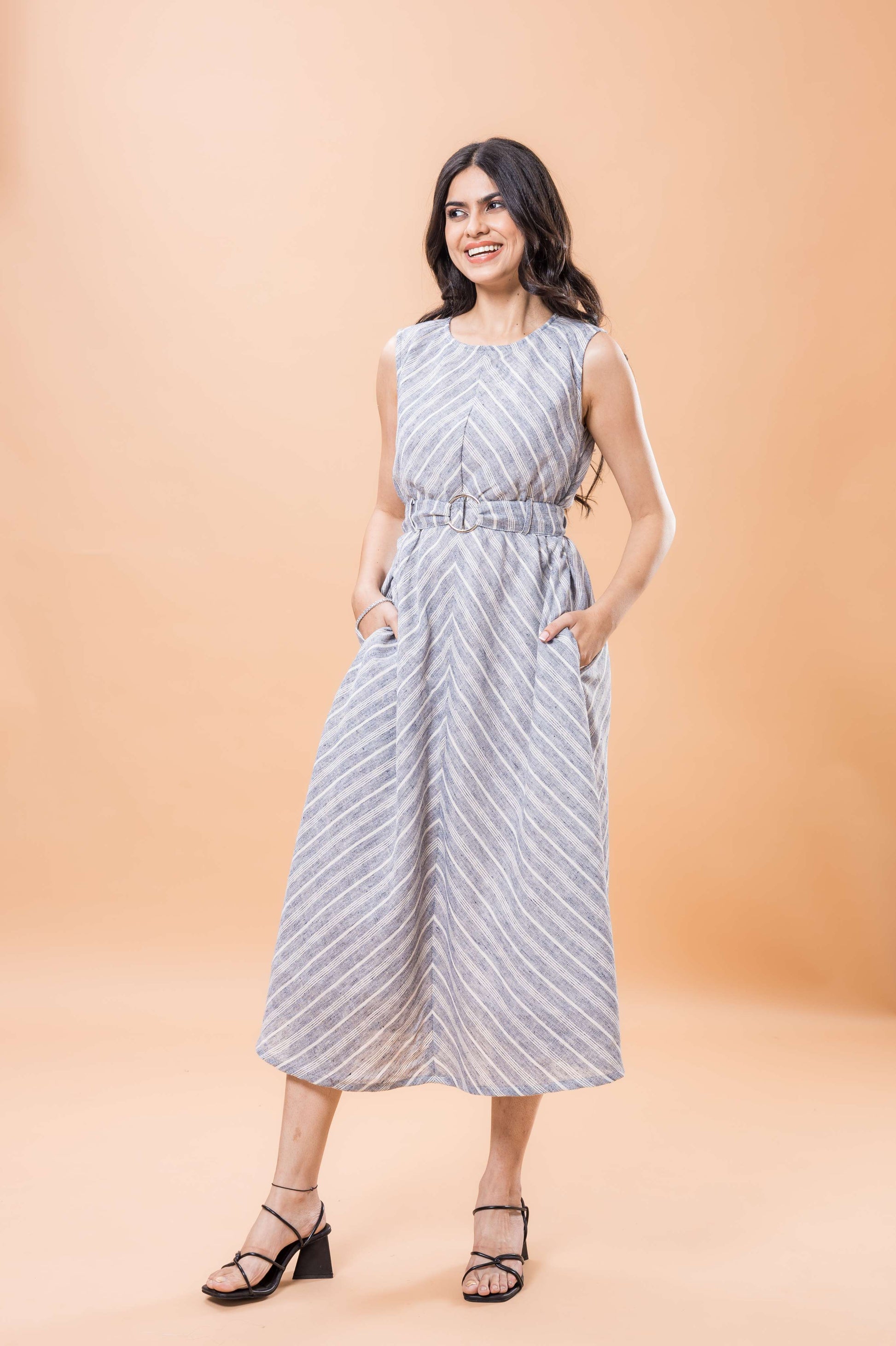 Linen Santas Grey Striped sleeveless dress