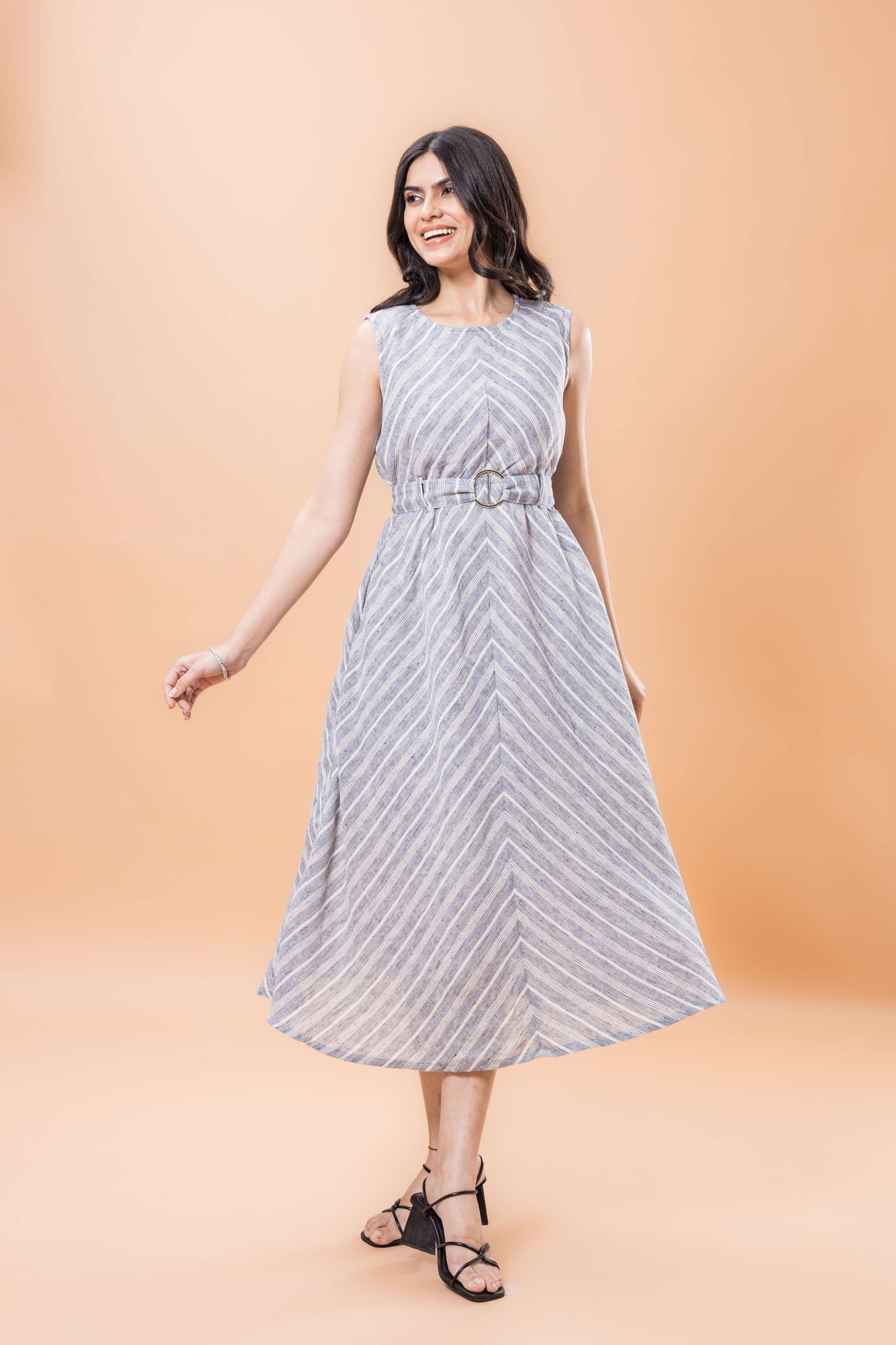 Linen Santas Grey Striped sleeveless dress