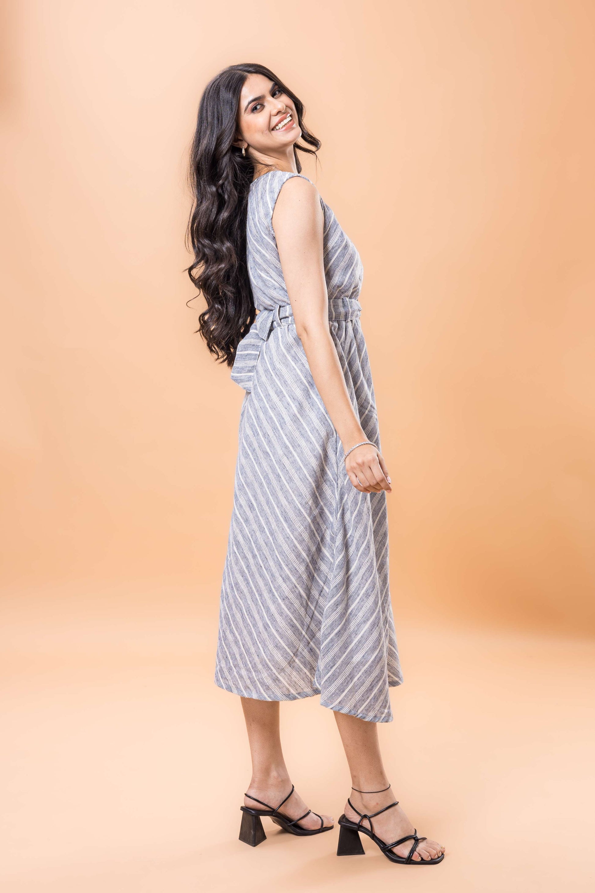 Linen Santas Grey Striped sleeveless dress