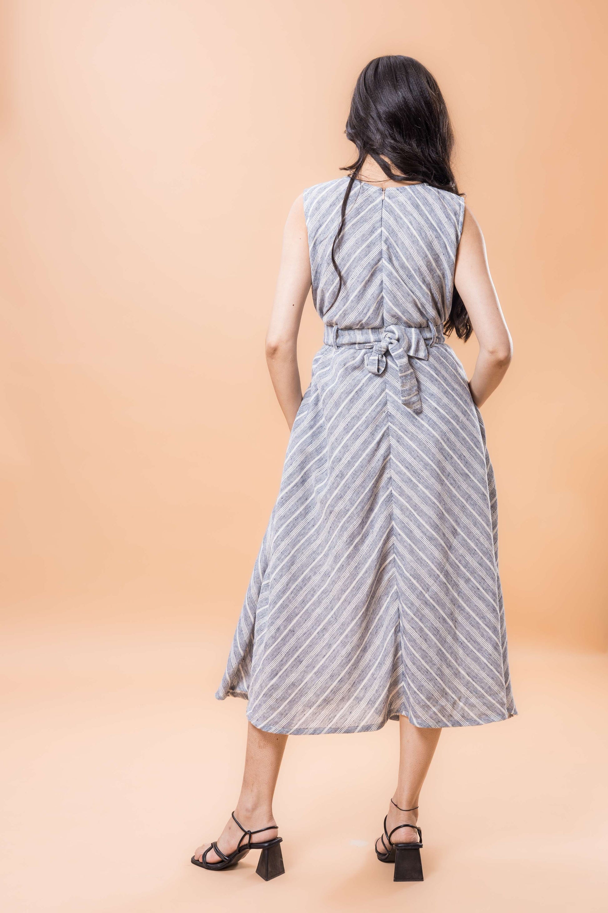 Linen Santas Grey Striped sleeveless dress