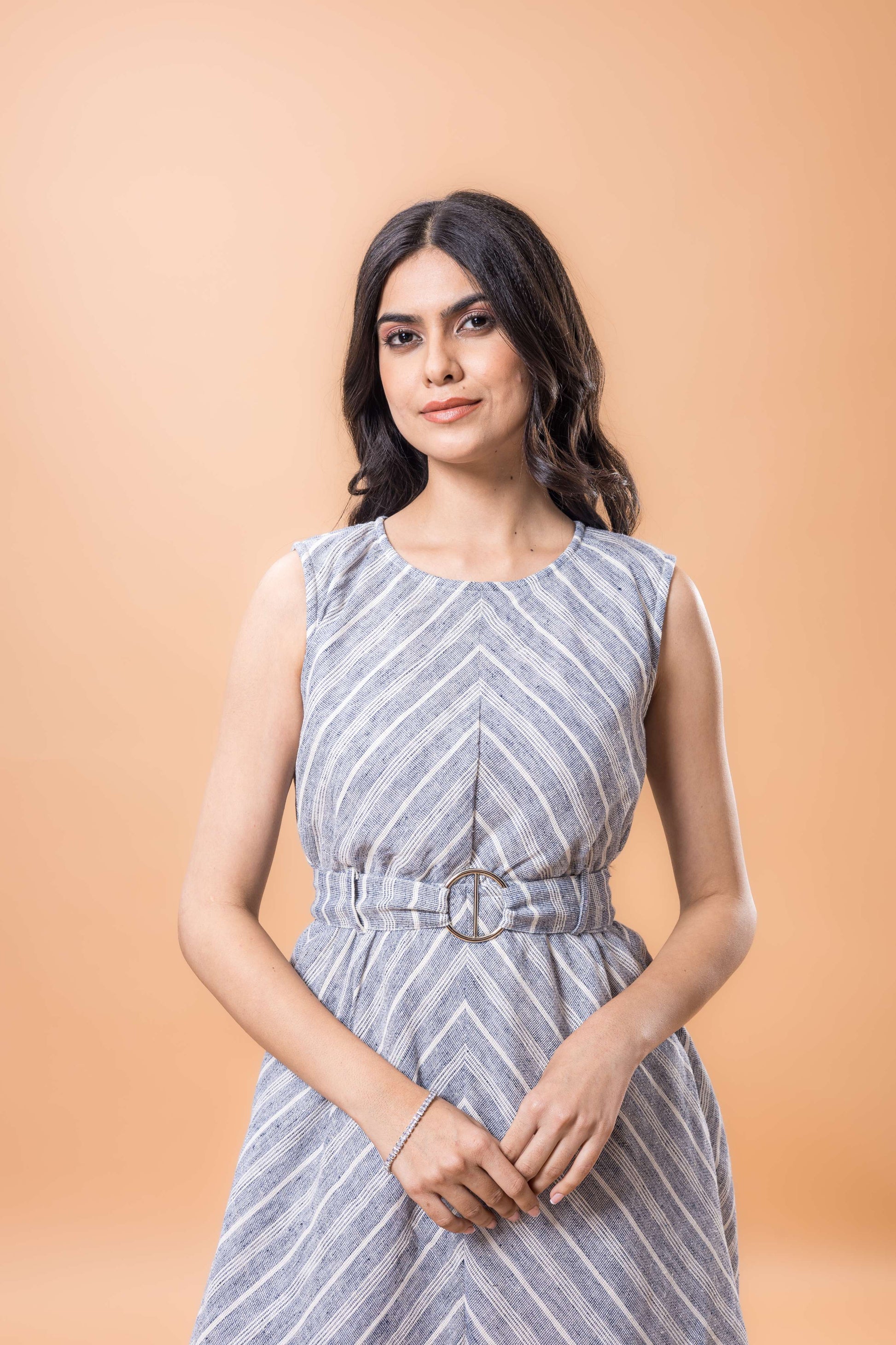 Linen Santas Grey Striped sleeveless dress