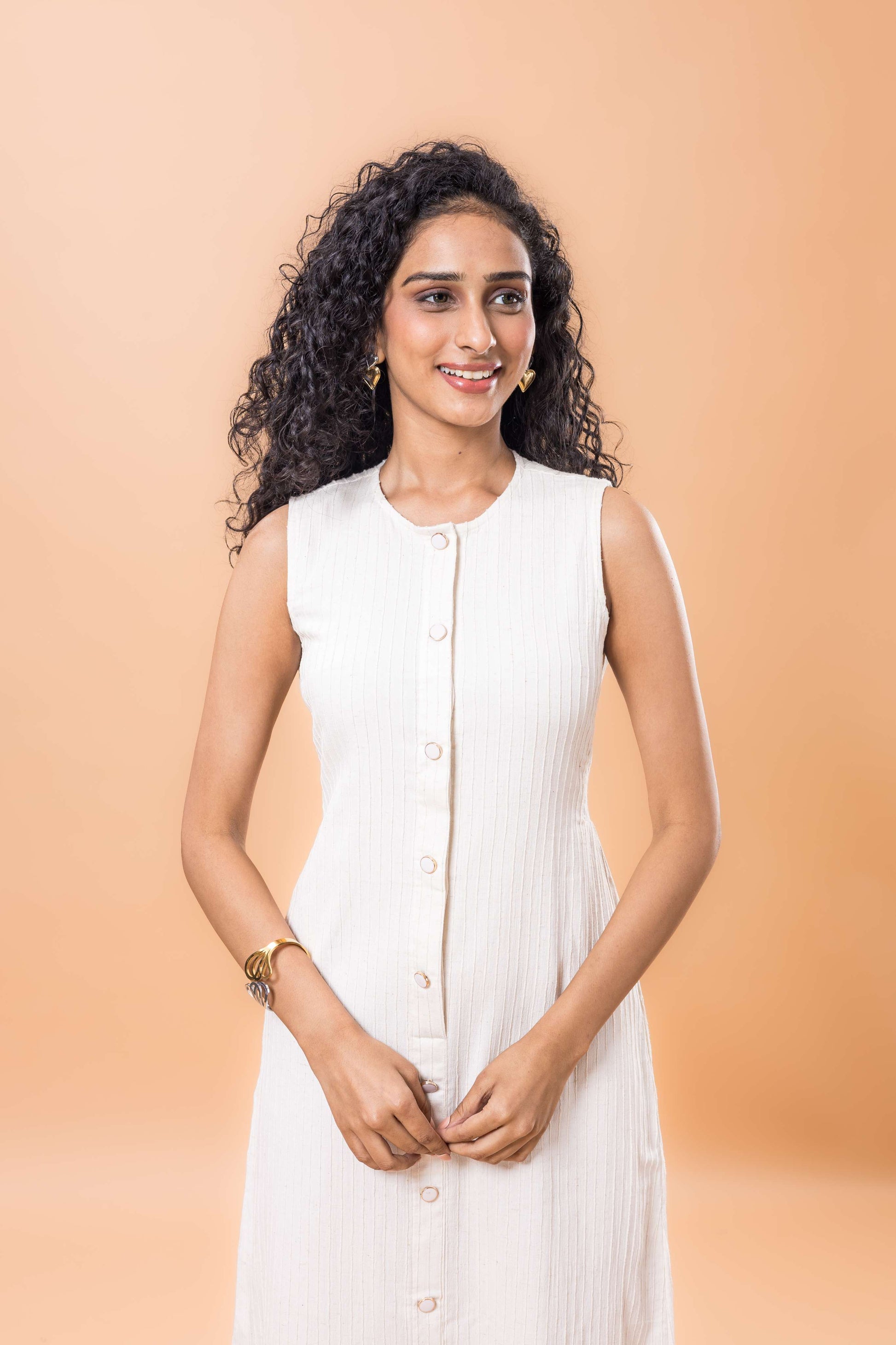 Linen White textured sleeveless dress