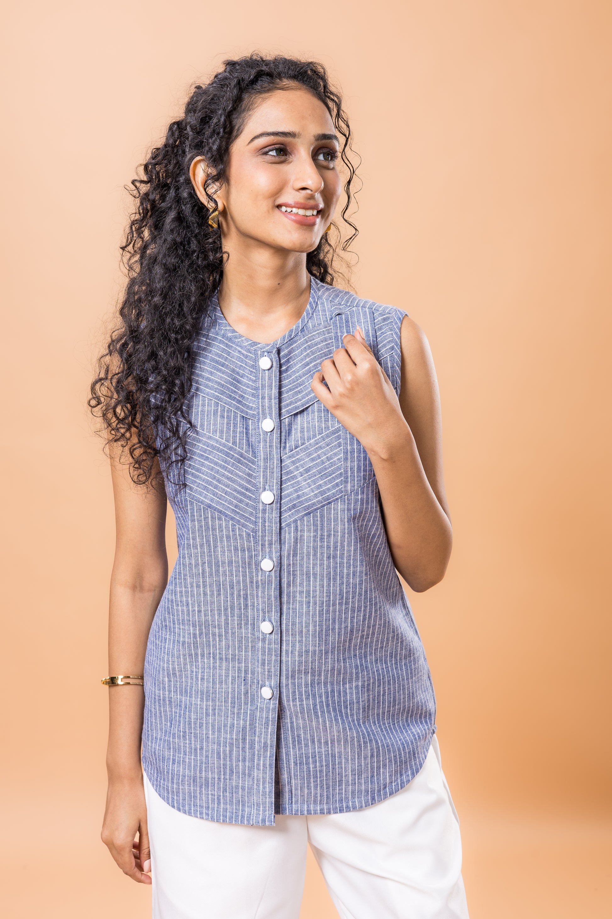Linen Ink blue striped top