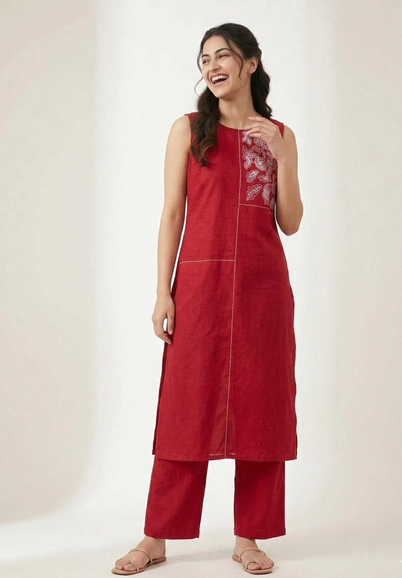 Red Handloom Embroidery Kurta Set