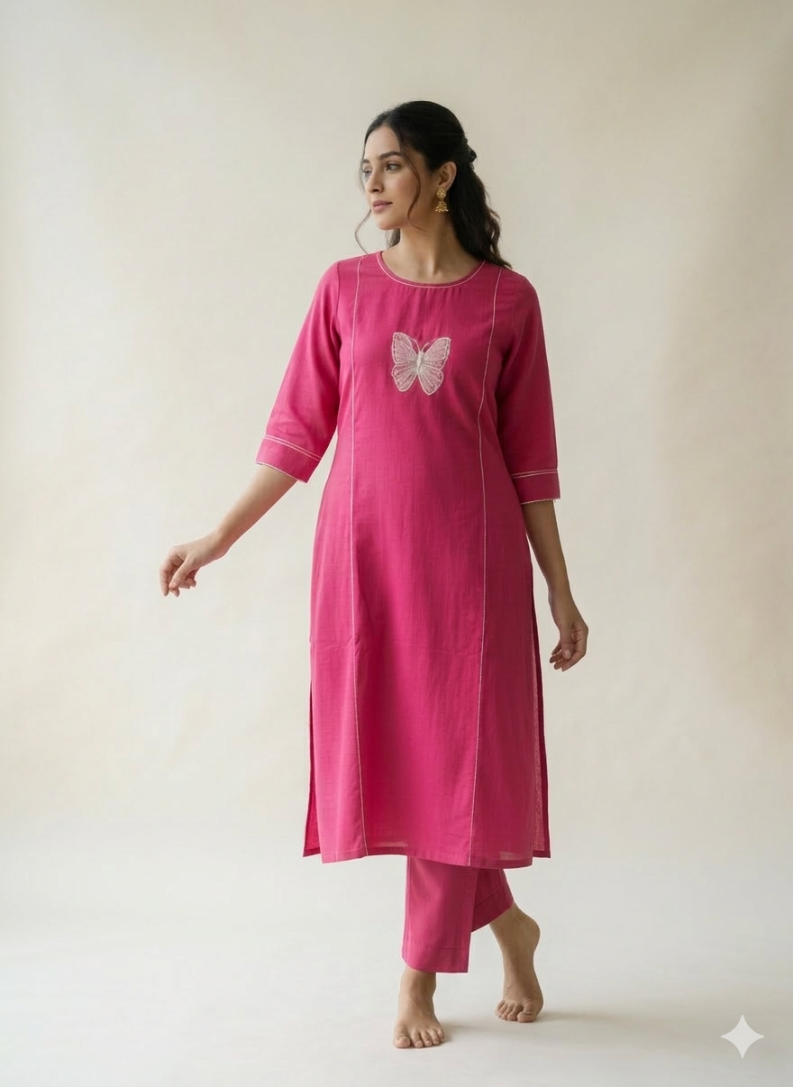 Pink Butterfly Handloom Kurta Set