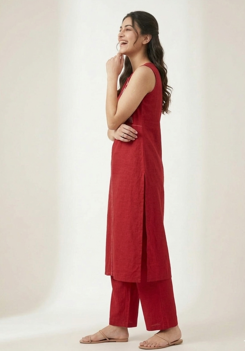 Red Handloom Embroidery Kurta Set