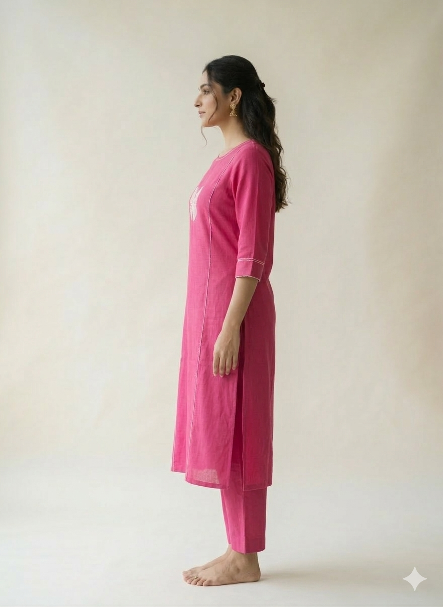 Pink Butterfly Handloom Kurta Set