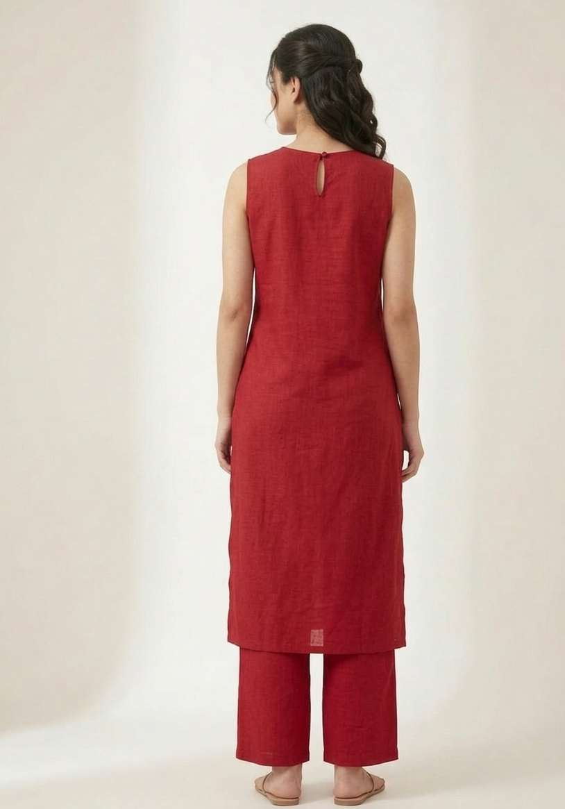 Red Handloom Embroidery Kurta Set
