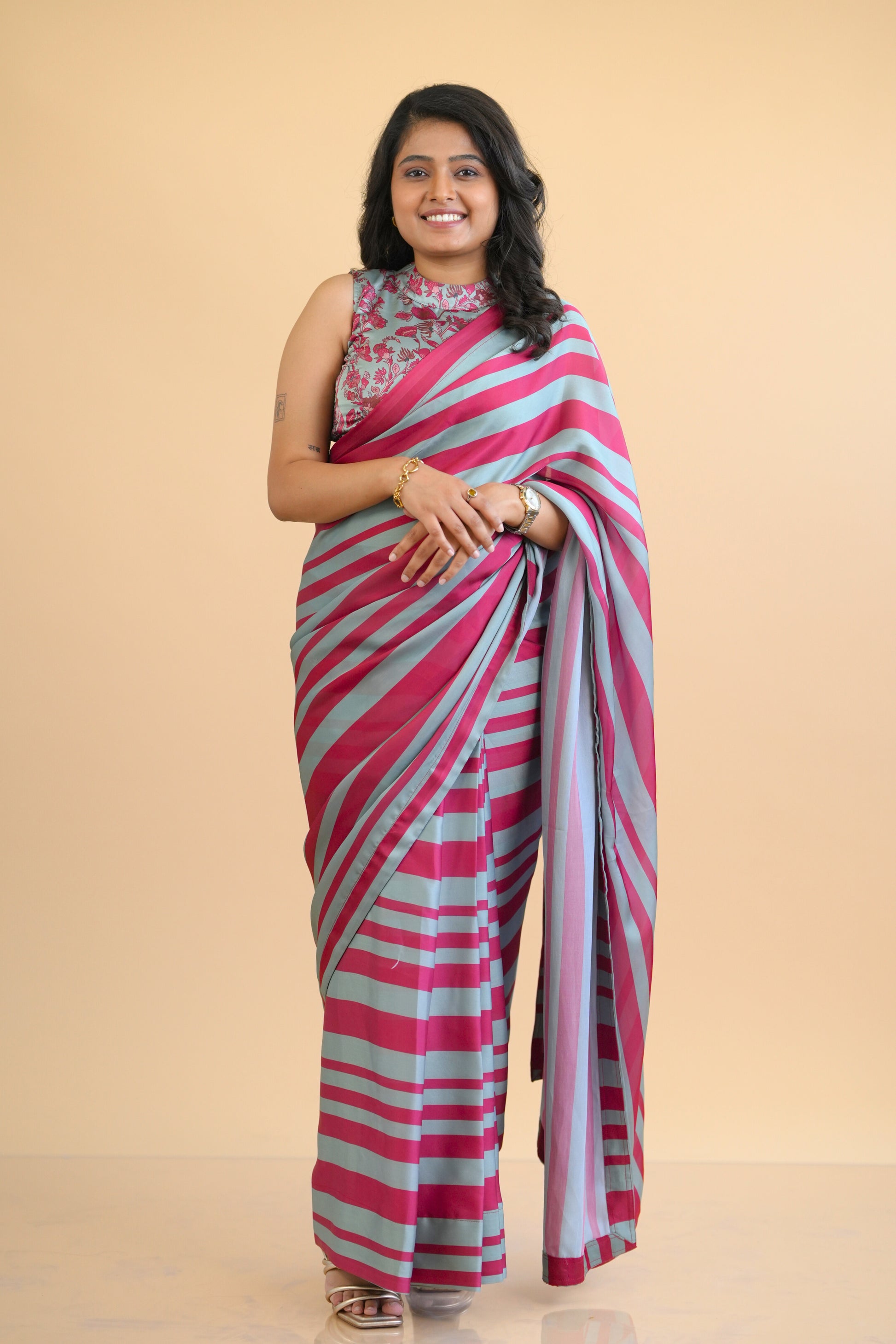 Red Green striped Ready to Wear Satin Georgette saree with Pre Stitched Blouse