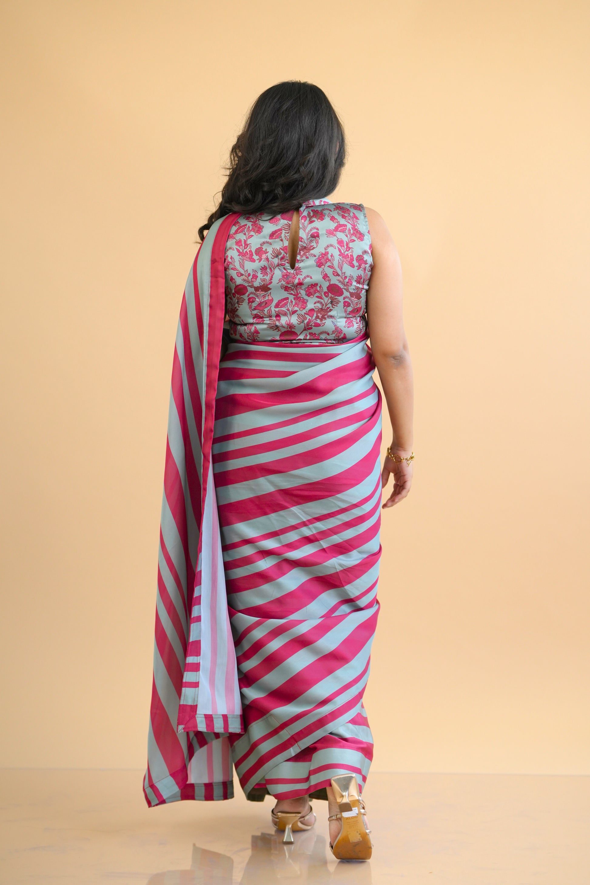 Red Green striped Ready to Wear Satin Georgette saree with Pre Stitched Blouse