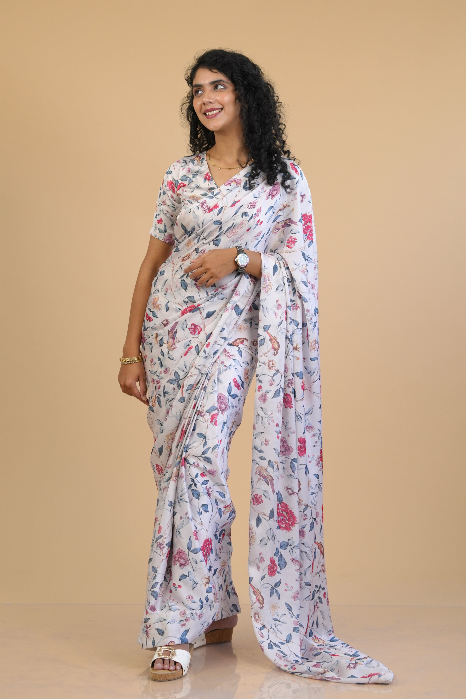 Floral White Ready to wear Satin Georgette Saree with Pre stitched Blouse