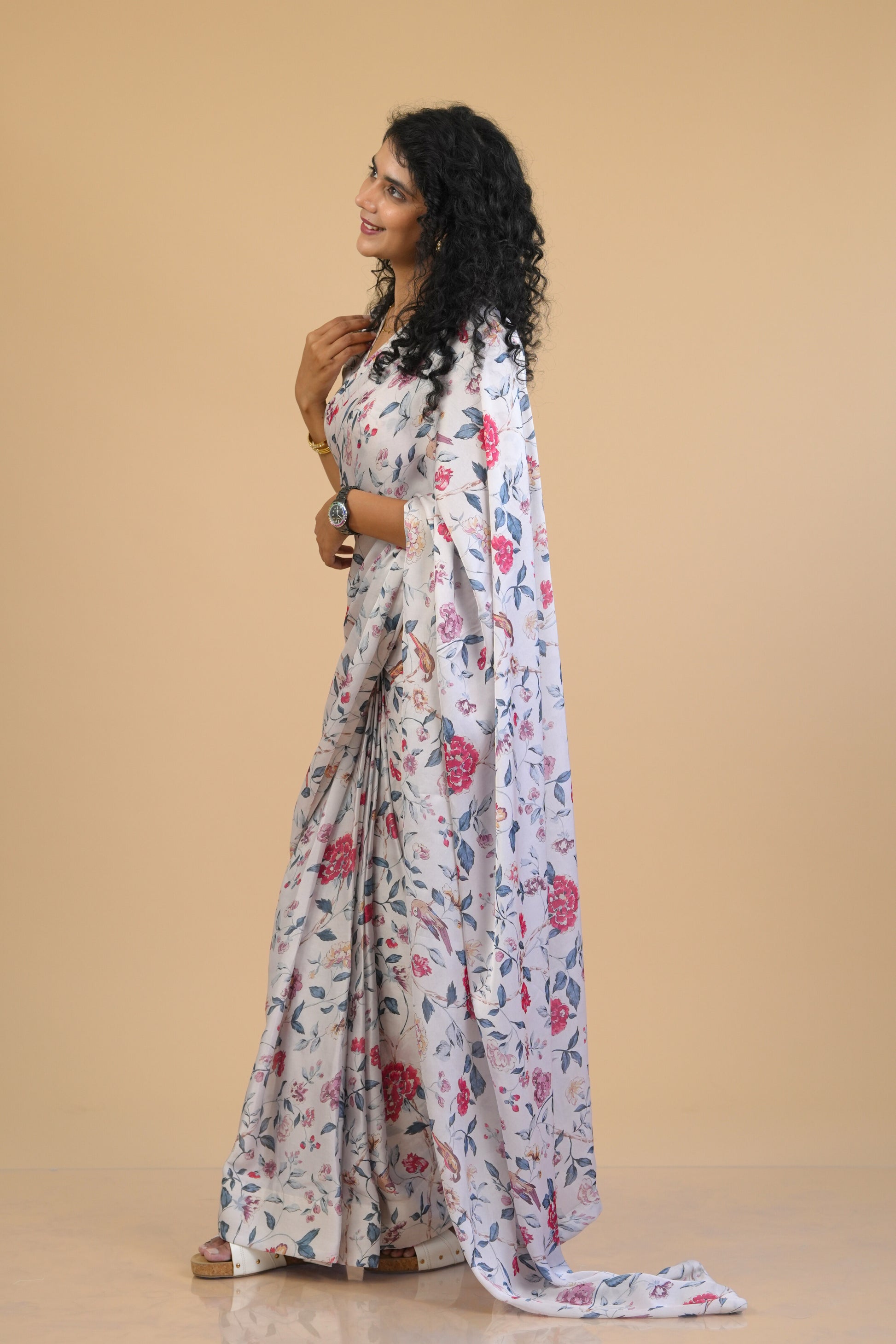 Floral White Ready to wear Satin Georgette Saree with Pre stitched Blouse