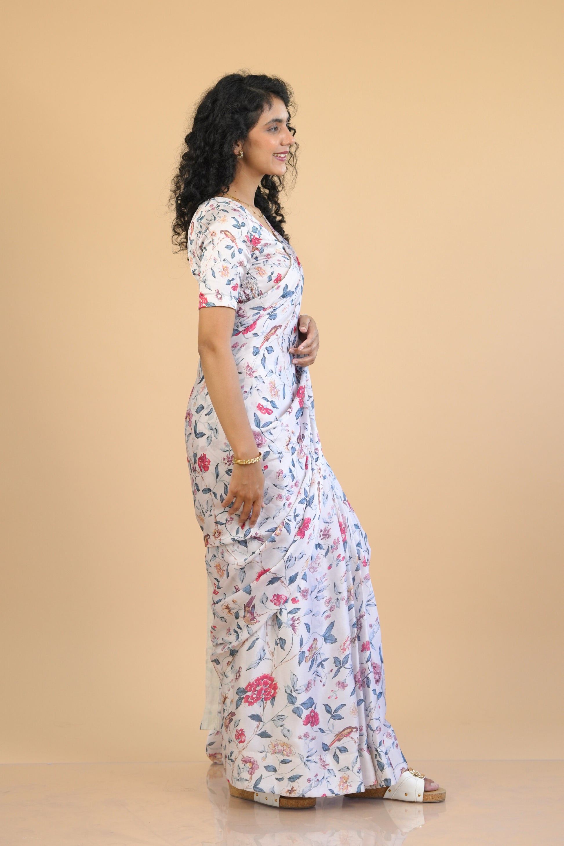 Floral White Ready to wear Satin Georgette Saree with Pre stitched Blouse