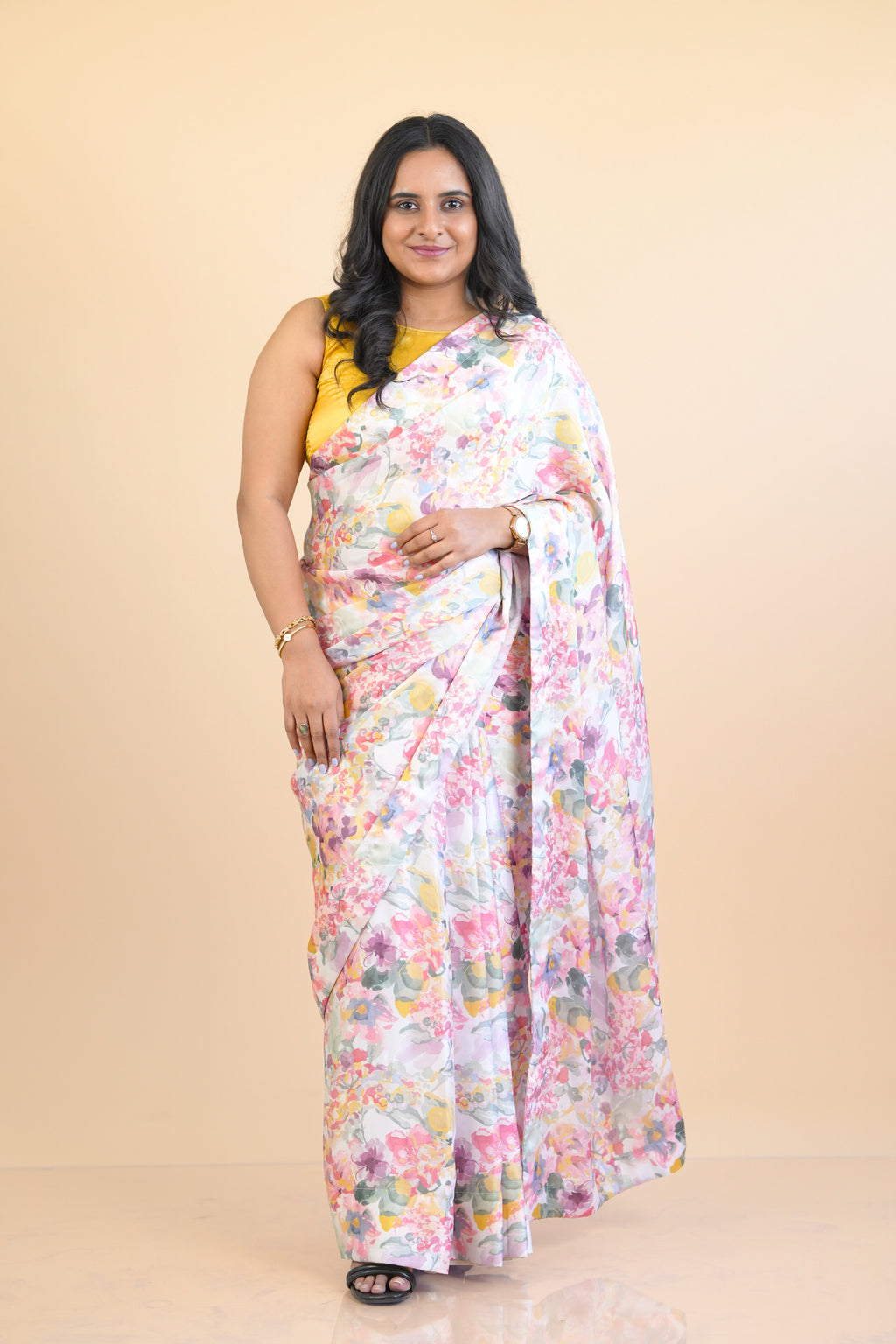 Pastel Floral Ready to wear Satin Georgette Saree with Pre Stitched Blouse