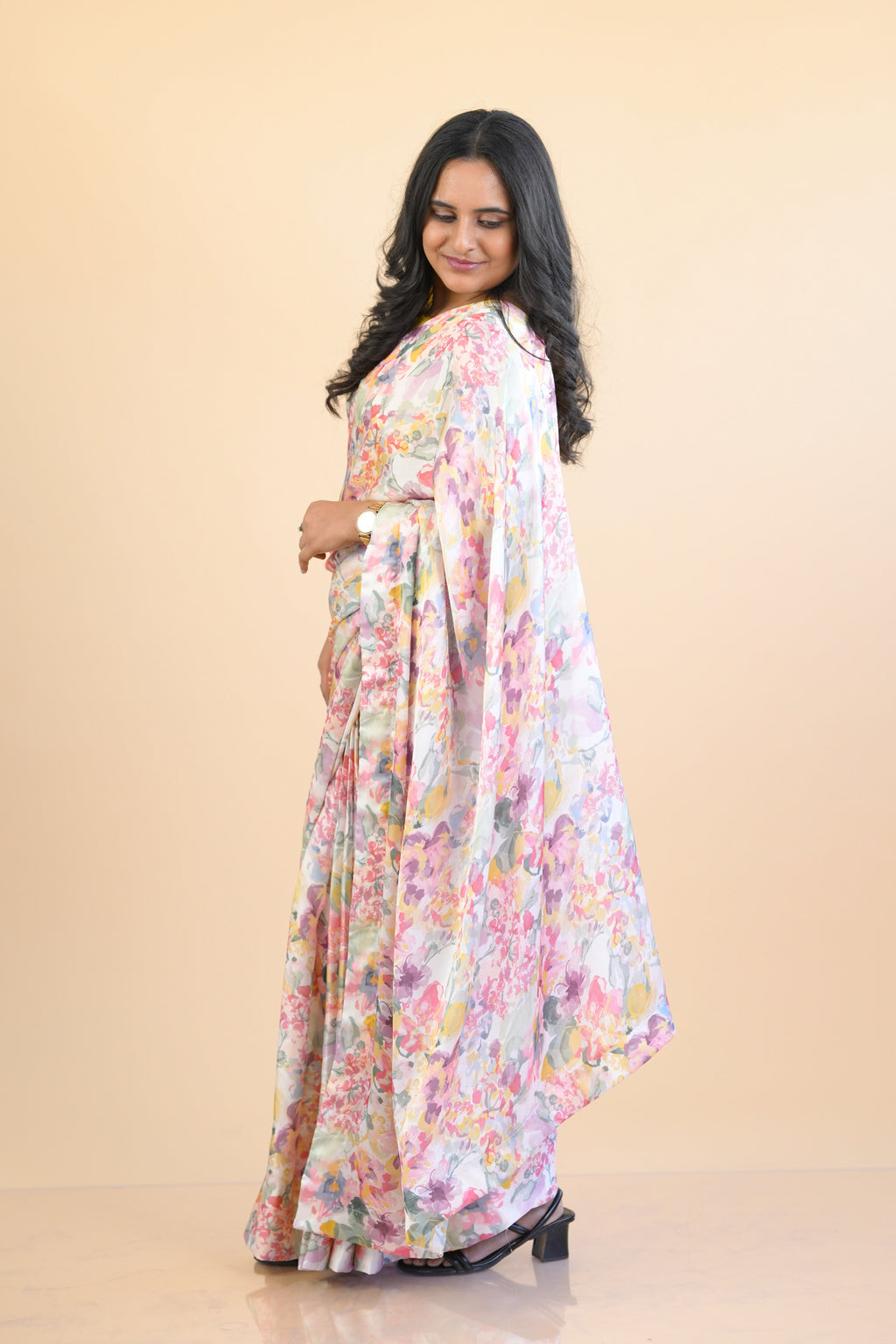 Pastel Floral Ready to wear Satin Georgette Saree with Pre Stitched Blouse