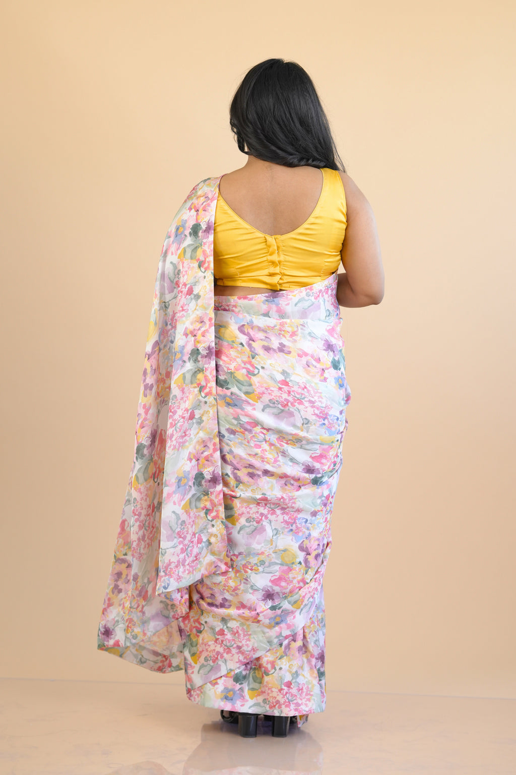 Pastel Floral Ready to wear Satin Georgette Saree with Pre Stitched Blouse