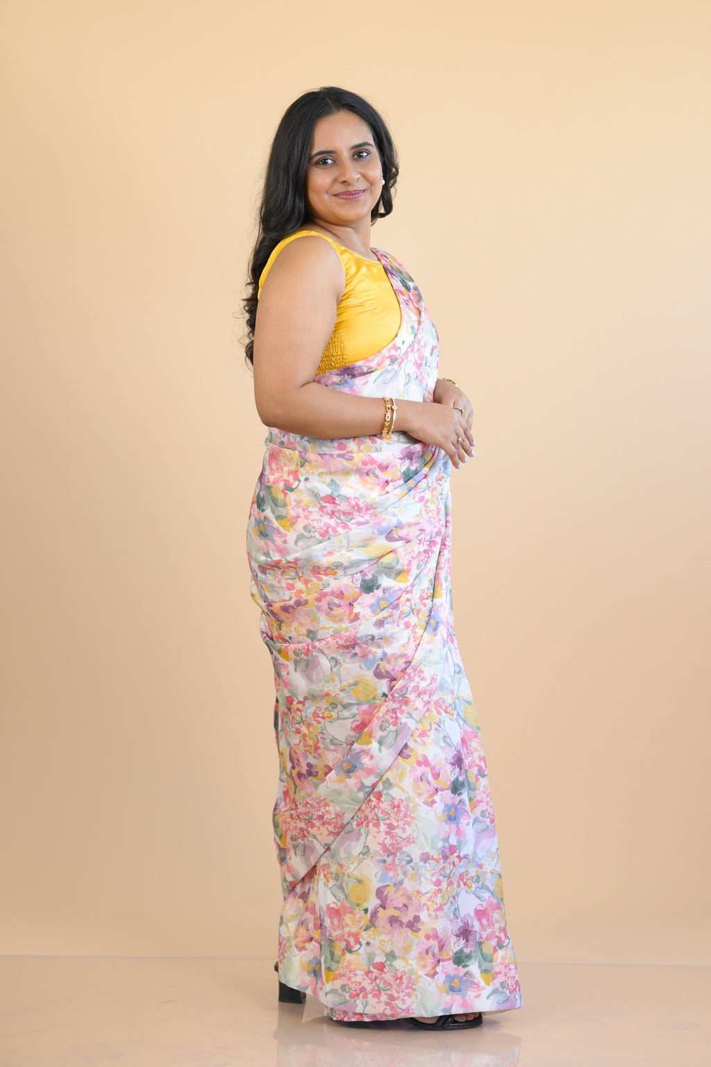 Pastel Floral Ready to wear Satin Georgette Saree with Pre Stitched Blouse