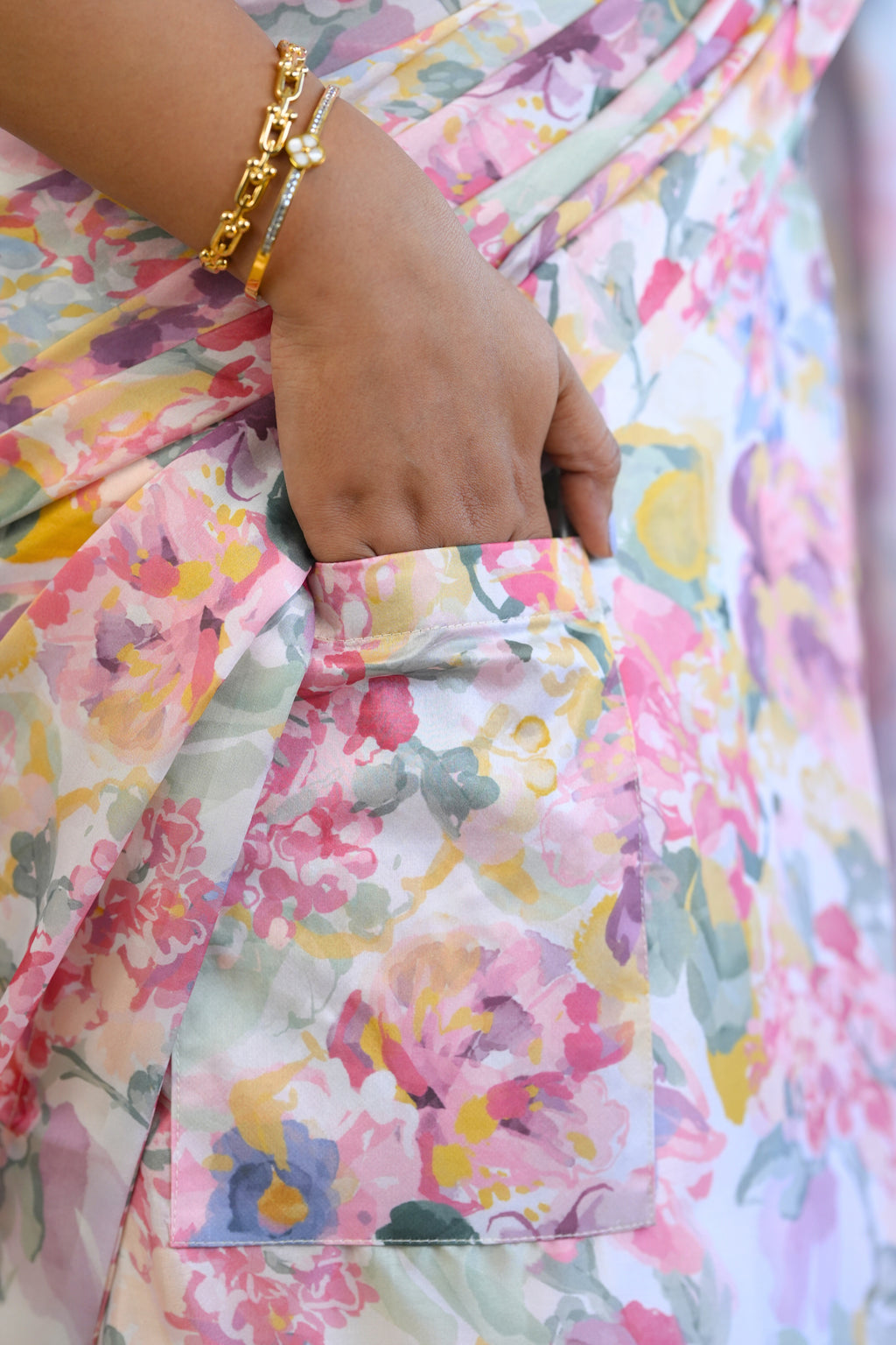 Pastel Floral Ready to wear Satin Georgette Saree with Pre Stitched Blouse