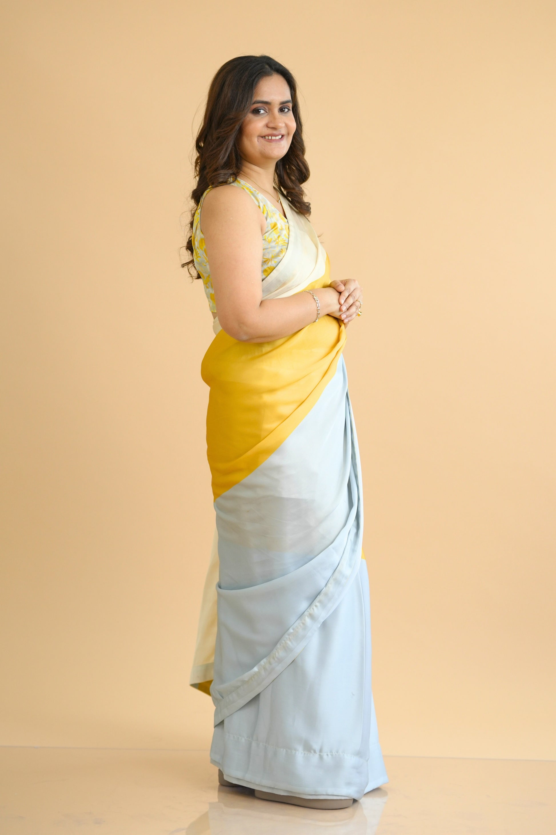 Contemporary Striped Ready to Wear Satin Georgette Saree with Pre Stitched Blouse